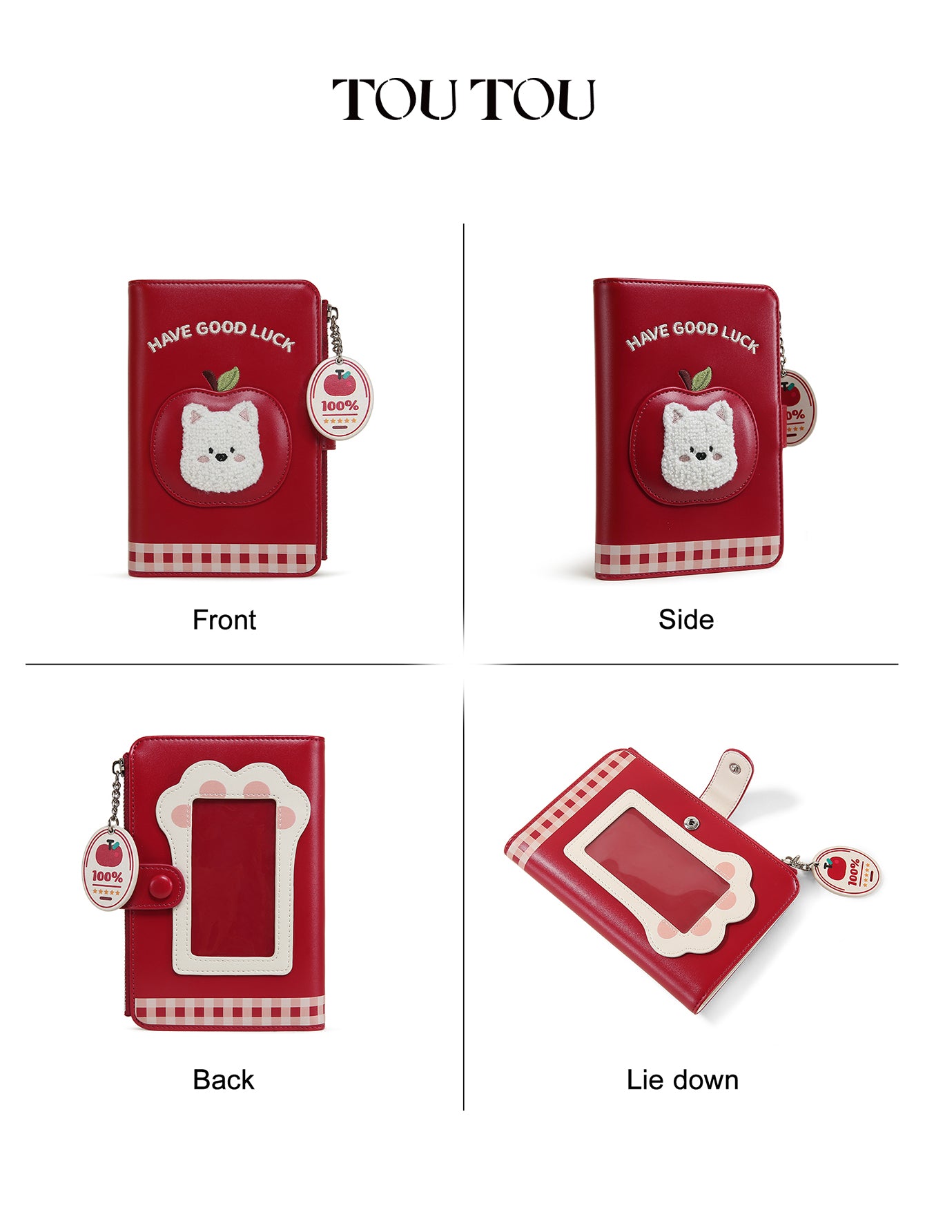 TOUTOU Cute Red “Have Good Luck” Wallet - Lucky Cat & Apple Charm, Multi-Slot Organizer for Cards, Cash & Passport