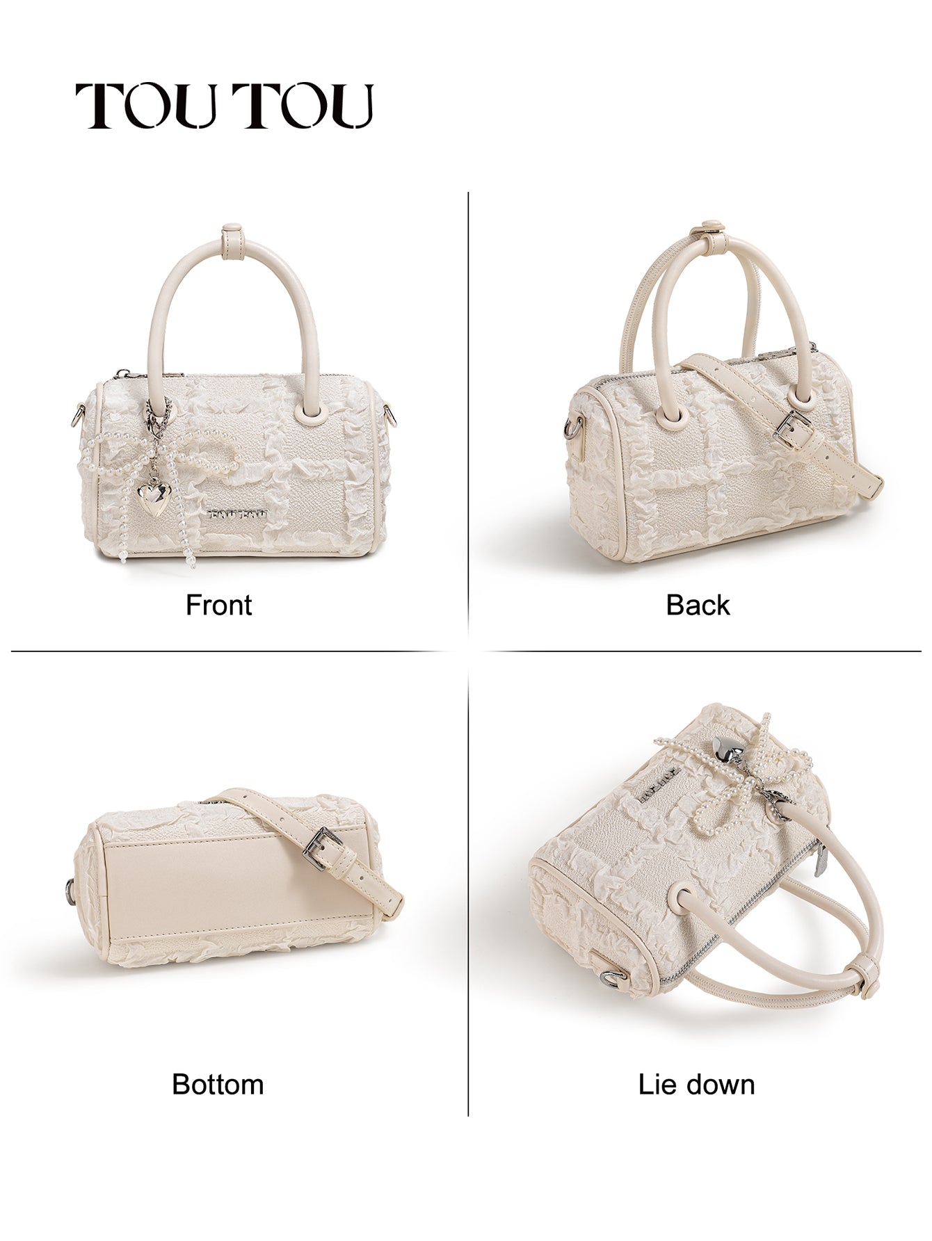 TOUTOU Mini White Barrel Bag: Lace - Trimmed & Pearl - Accented Elegance