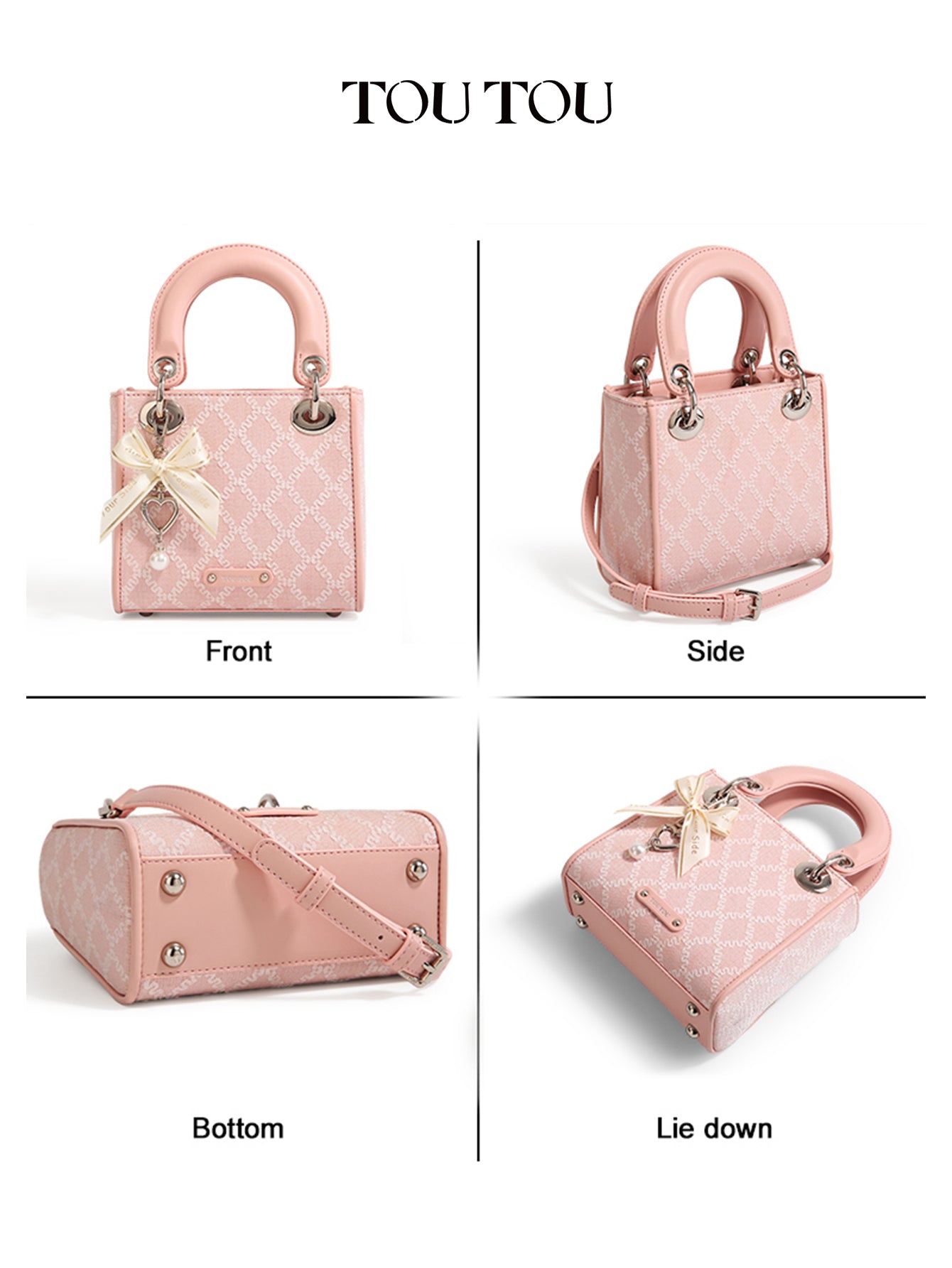 TOUTOU Embroidered Mini Handbag Bag: Bow & Pearl Charm, 3 - Color Options