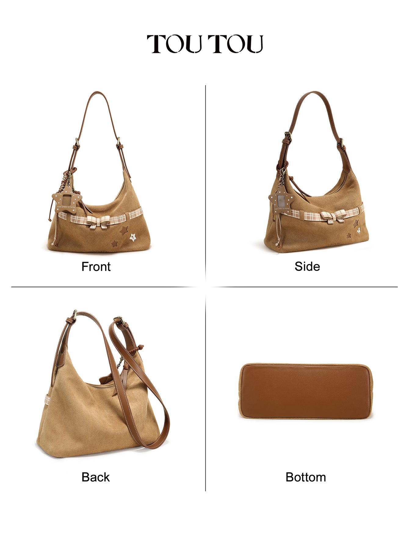 TOUTOU Cute Star & Bow Hobo Bag for Women - Brown Suede-Like Shoulder Bag with Multiple Pockets