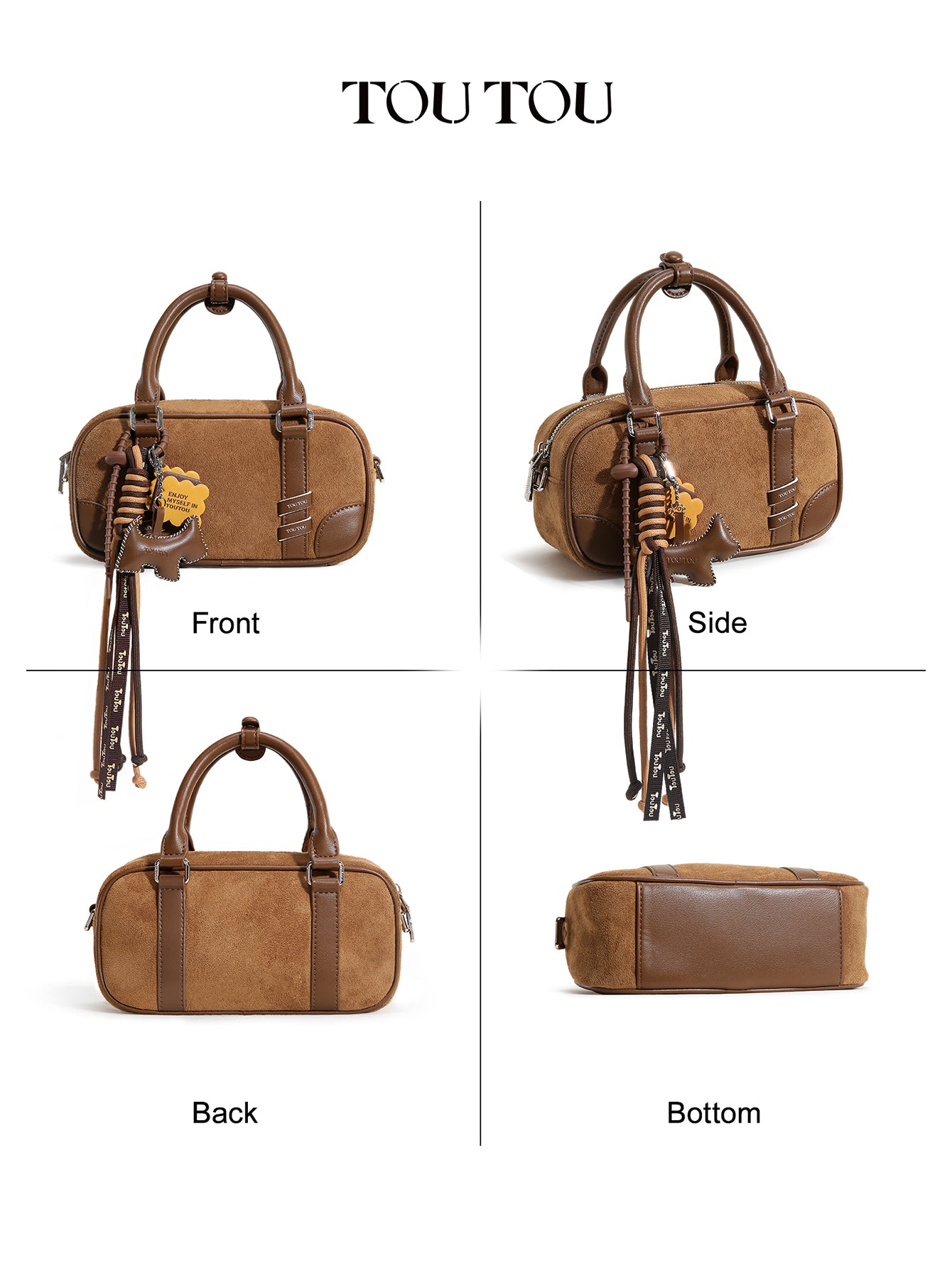 TOUTOU Brown Suede Boston Bag with Cute Pendant: Stylish & Compact