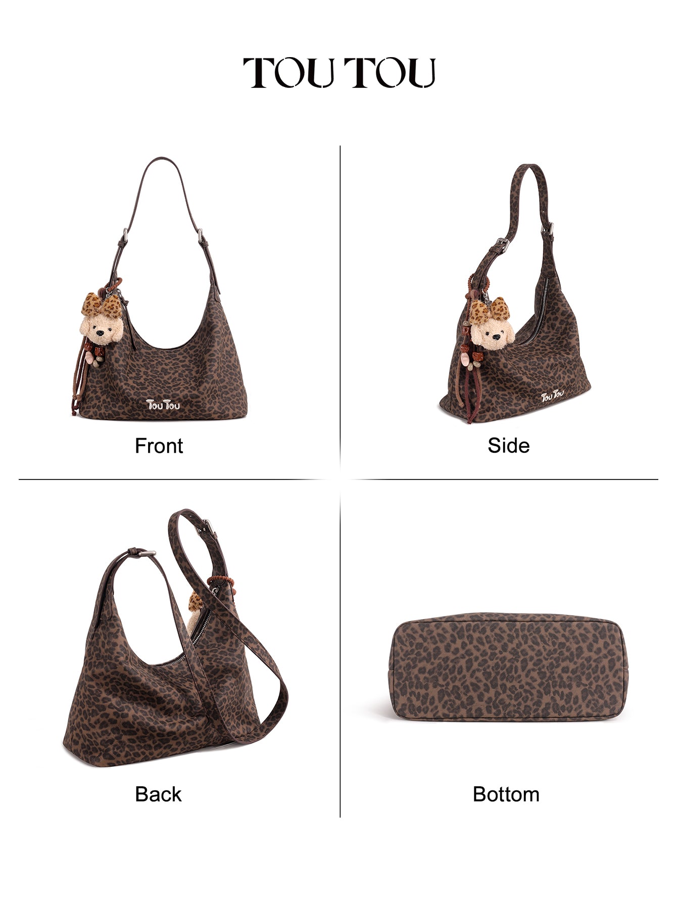 TOUTOU Leopard Print Hobo Bag for Women with Plush Puppy Pendant | Adjustable Strap & Synthetic Leather