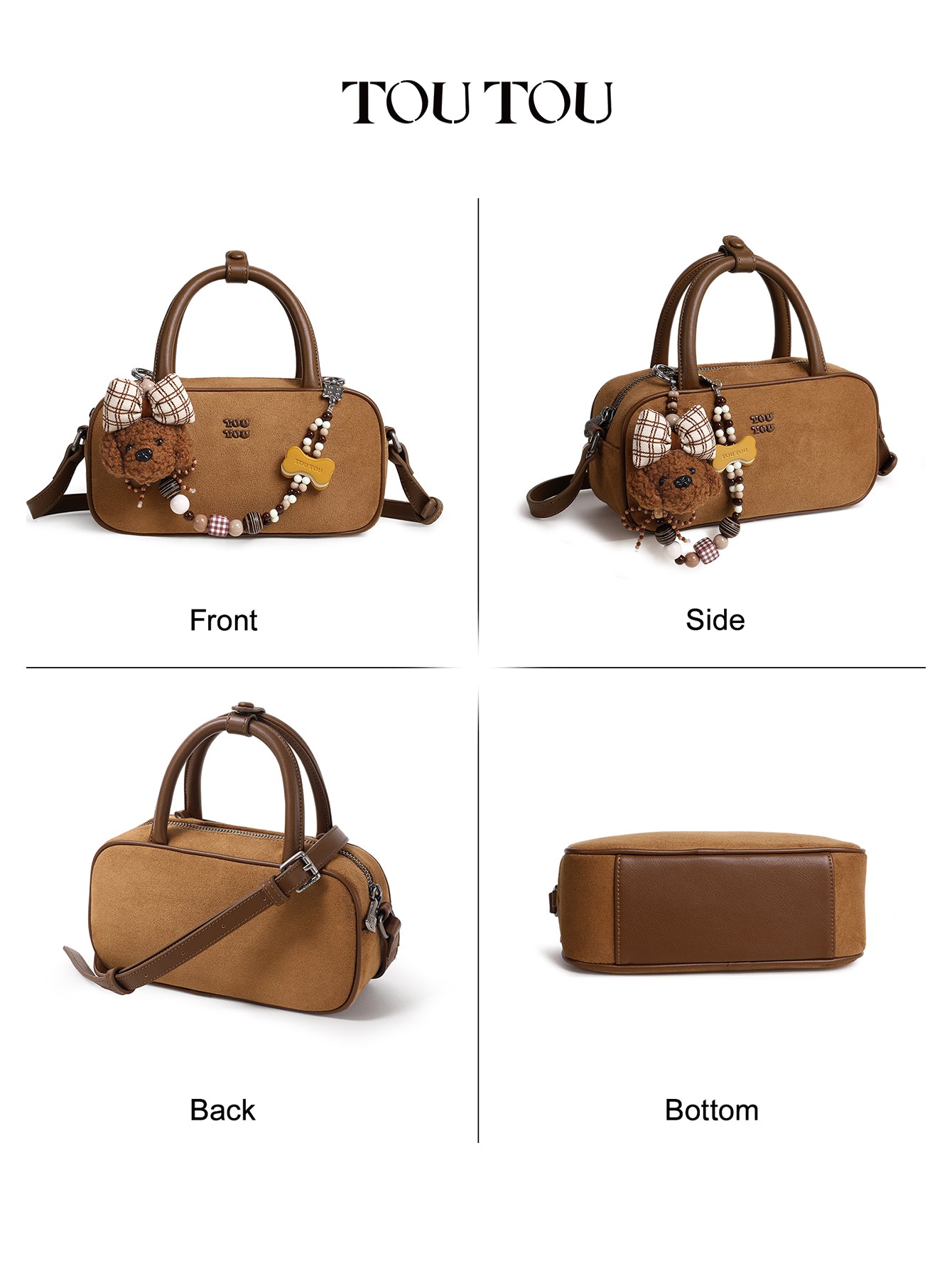 TOUTOU Cute Puppy Charm Crossbody Bag - Available in Smooth Leather or Soft Suede with Beaded Chain