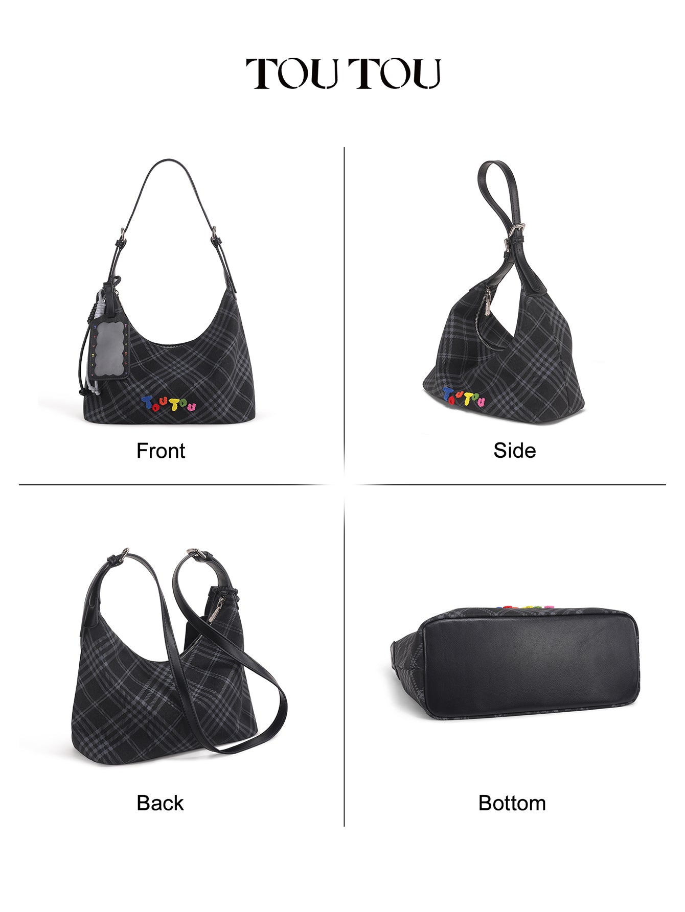 TOUTOU Black Plaid Hobo Bag with Colorful Branding: Trendy & Playful