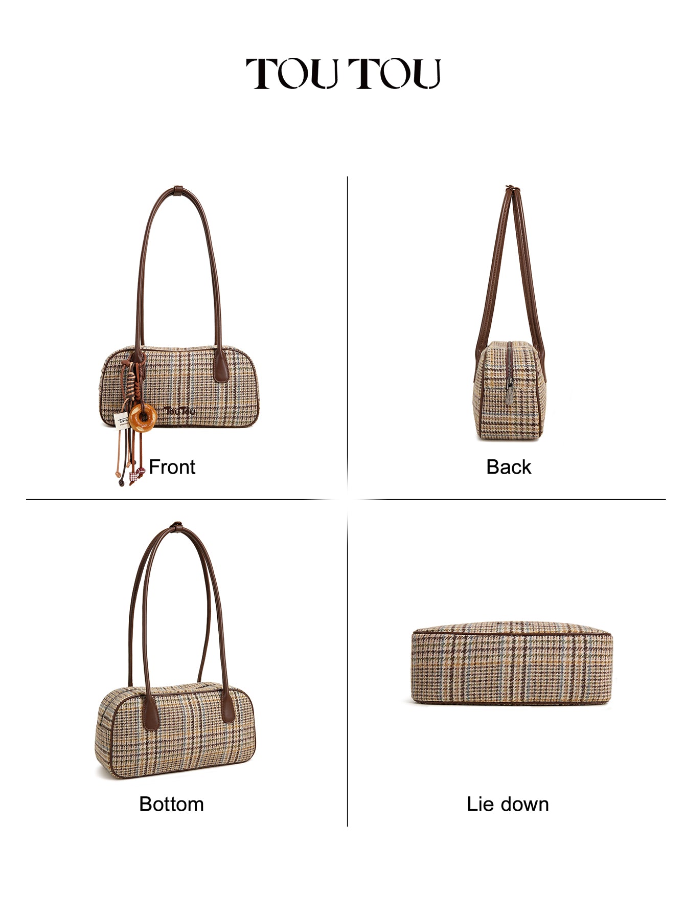 TOUTOU Plaid Woolen Shoulder Bag - Retro Style Top-Handle Bag with Donut Pendant