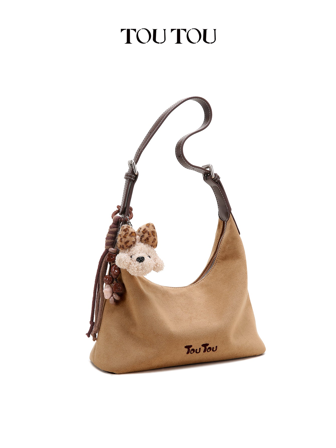 TOUTOU Leopard Print Hobo Bag for Women with Plush Puppy Pendant | Adjustable Strap & Synthetic Leather