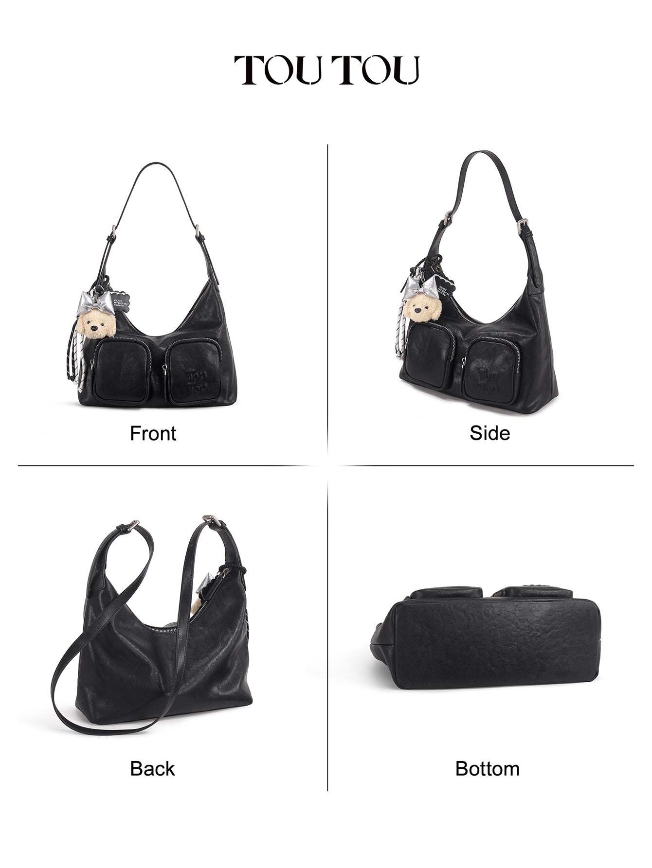 TOUTOU Black Hobo Bag with Plush Bear Pendant: Edgy & Cute