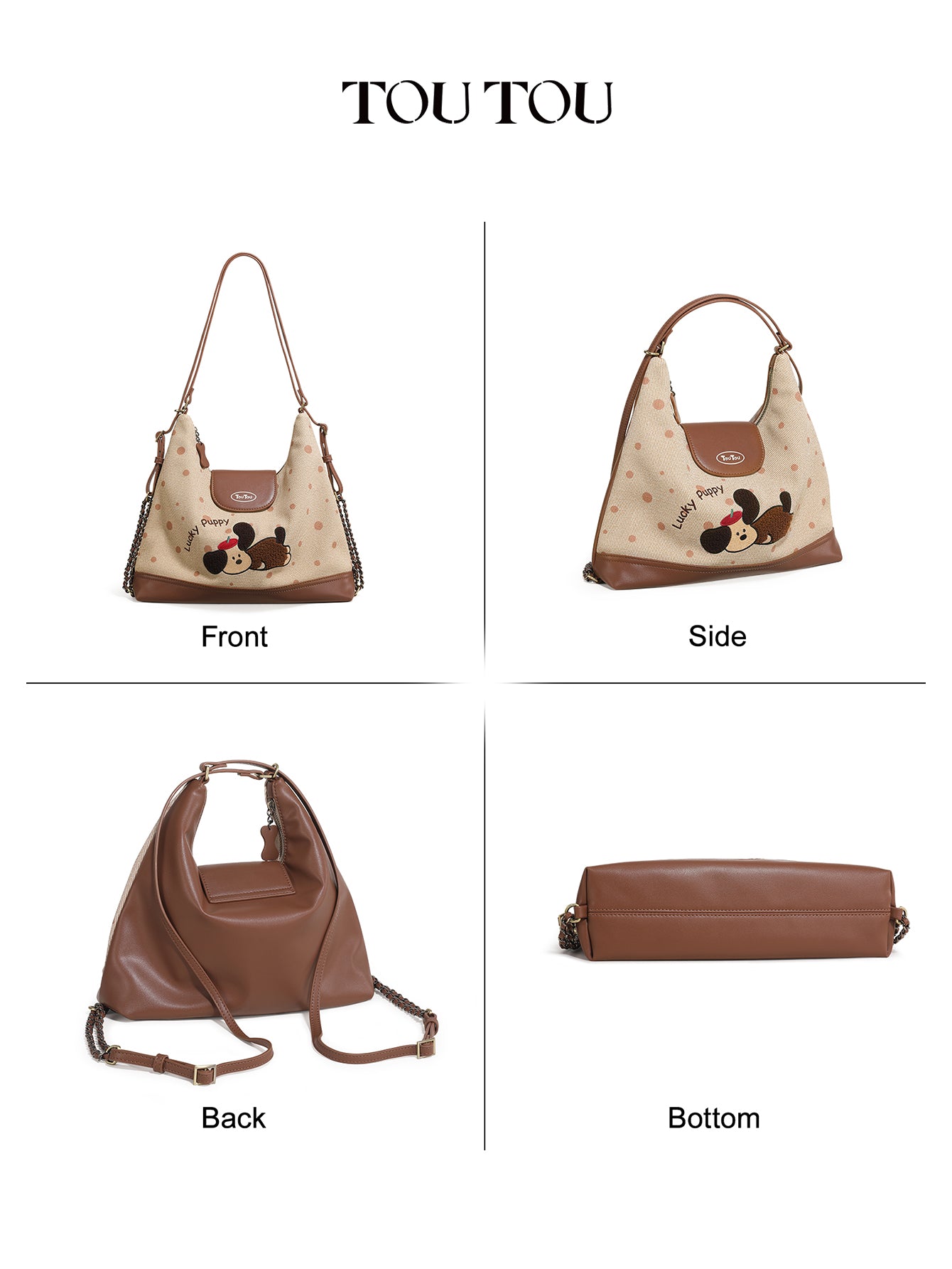 TOUTOU Cute Cartoon Puppy Embroidered Hobo Bag - Microfiber Leather Shoulder Bag with Adjustable Strap 41174