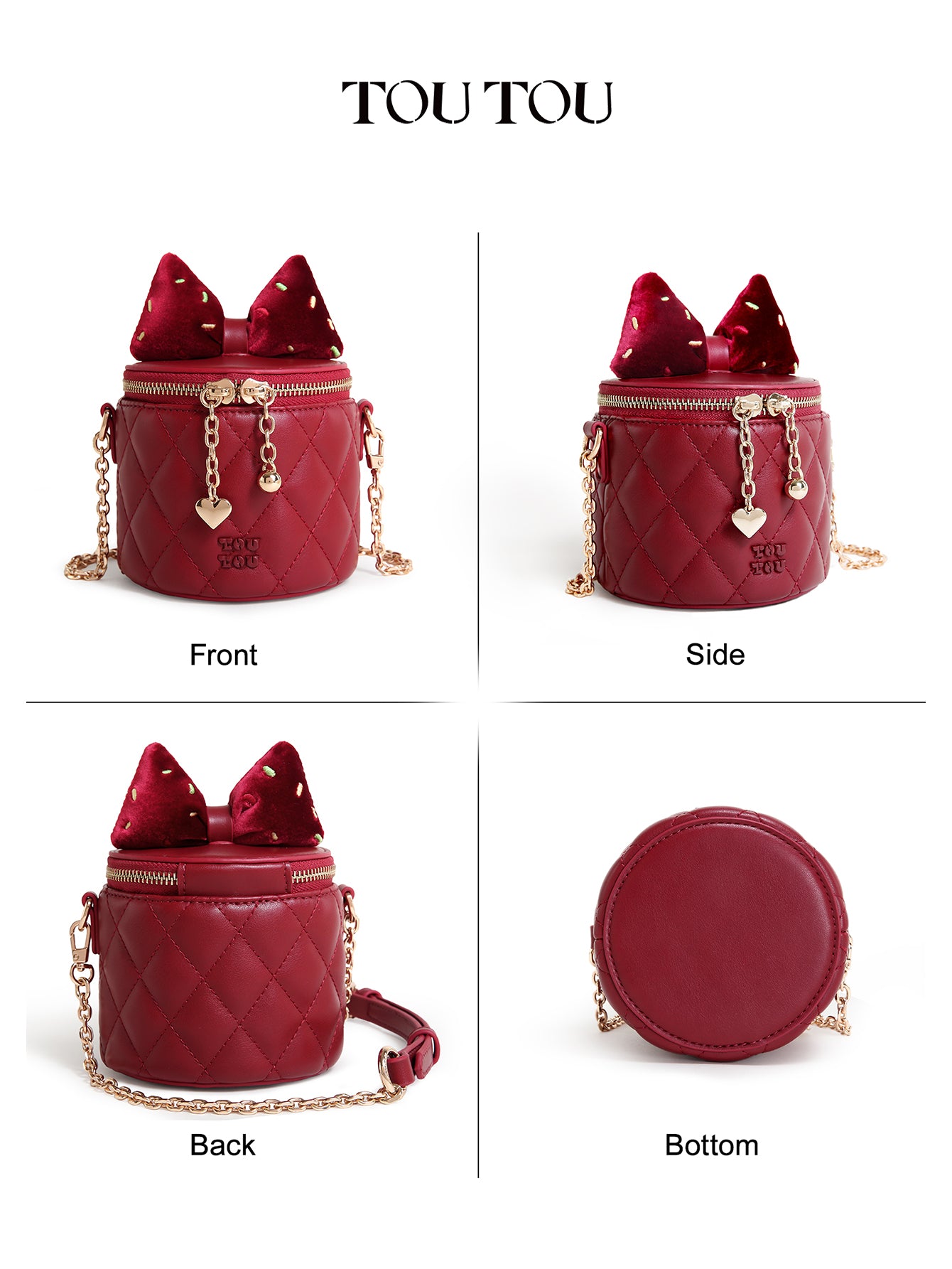 TOUTOU Red Quilted Bucket Bag with Bow & Chain: Sweet & Chic