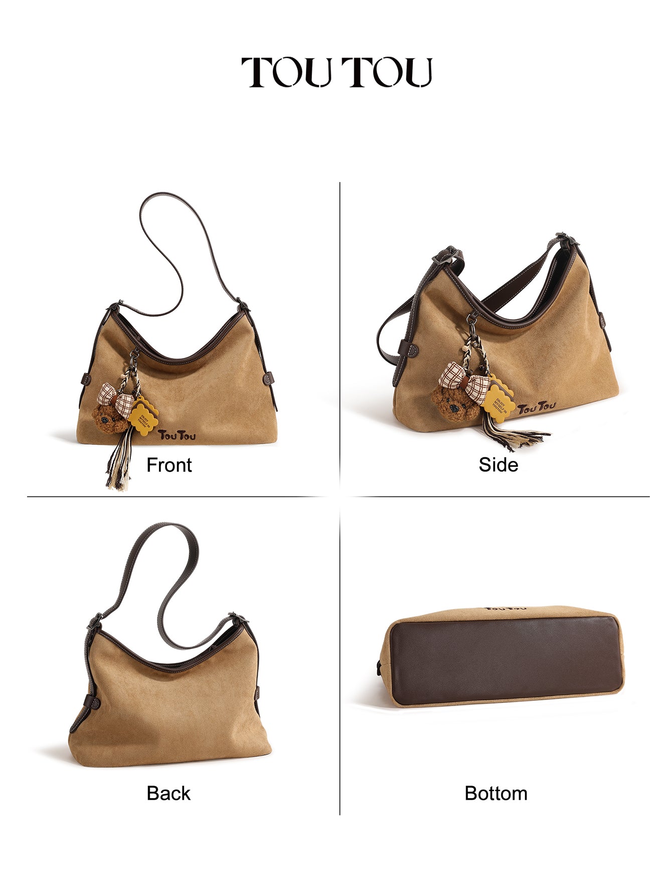 TOUTOU Beige Hobo Bag with Plush Bear Pendant: Retro & Playful