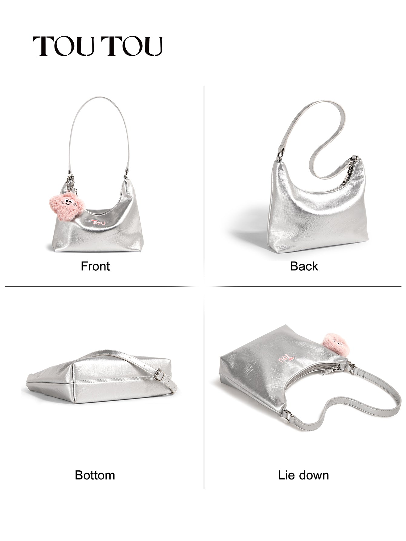 TOUTOU Metallic Hobo Bag with Plush Pendant: Shiny & Cute
