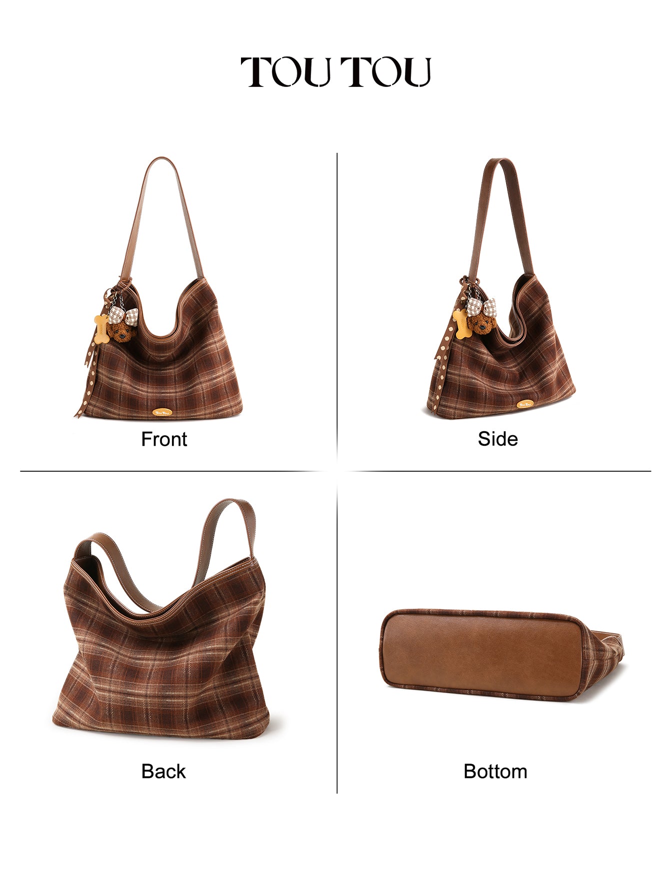 TOUTOU Plaid Hobo Bag for Women - Plush Teddy Pendant, Large Capacity Tote Fits 13" Laptop