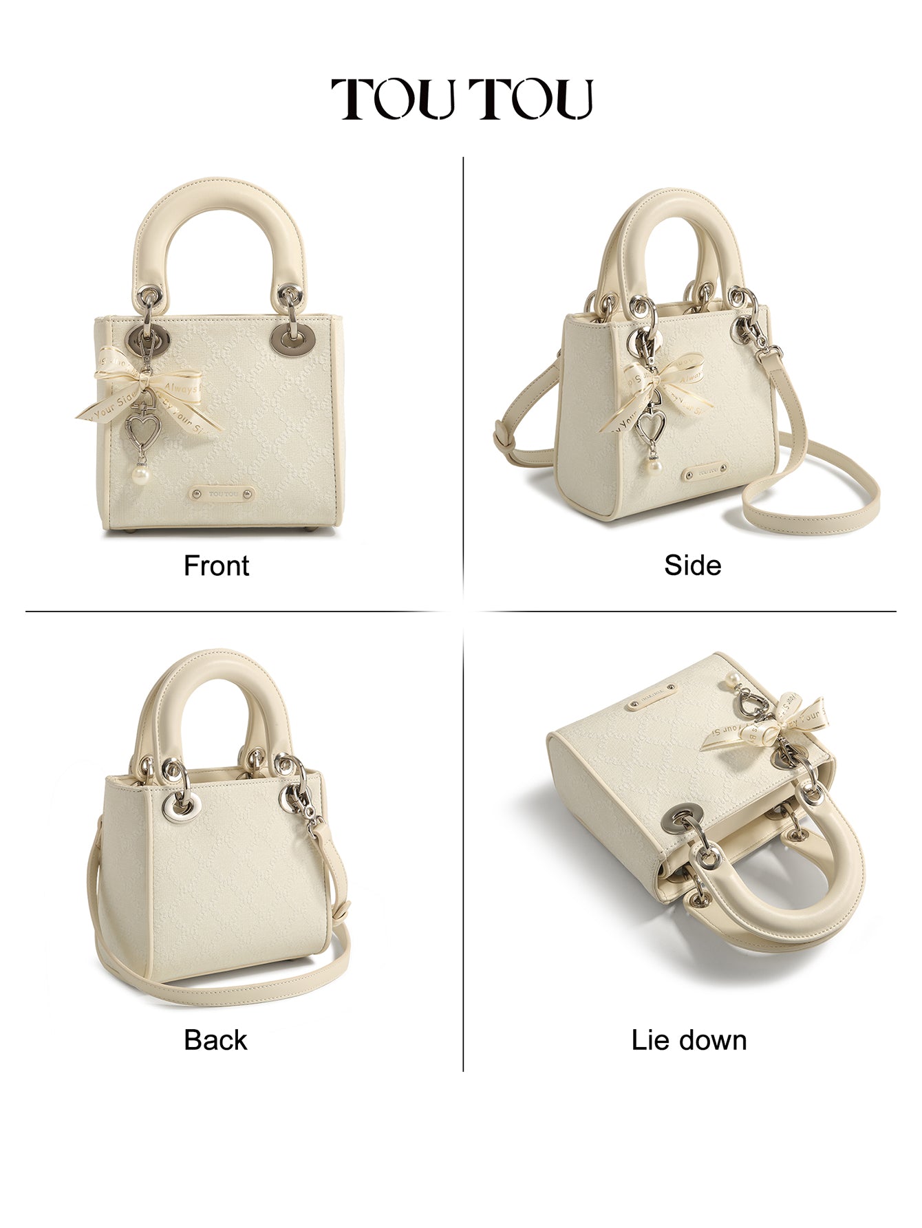 TOUTOU Embroidered Mini Handbag Bag: Bow & Pearl Charm, 3 - Color Options