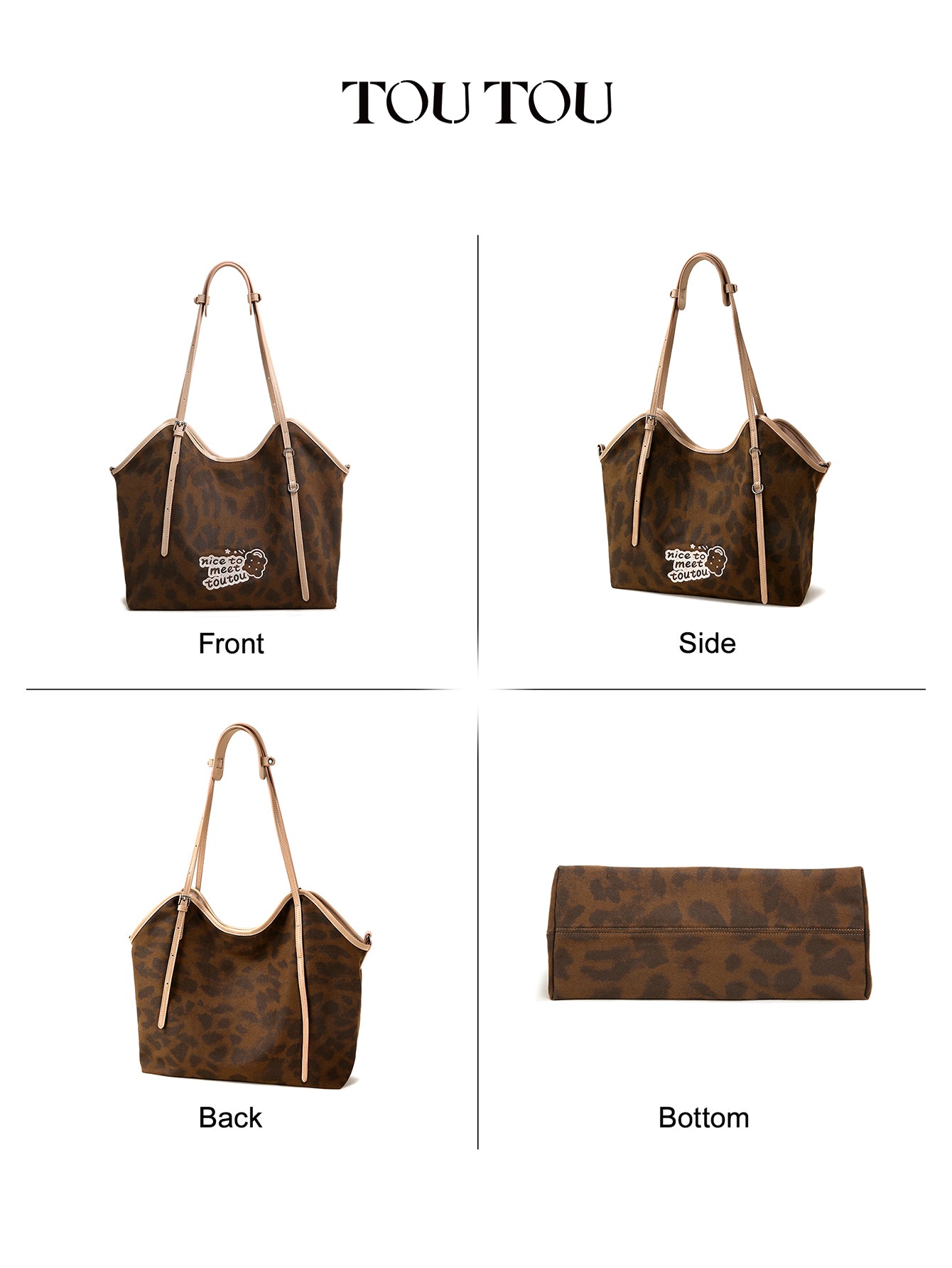 TOUTOU Leopard Print Tote Bag with “Nice to Meet Toutou” Embroidery - Spacious Shoulder Bag for Daily Use (Fits 13" Laptop)