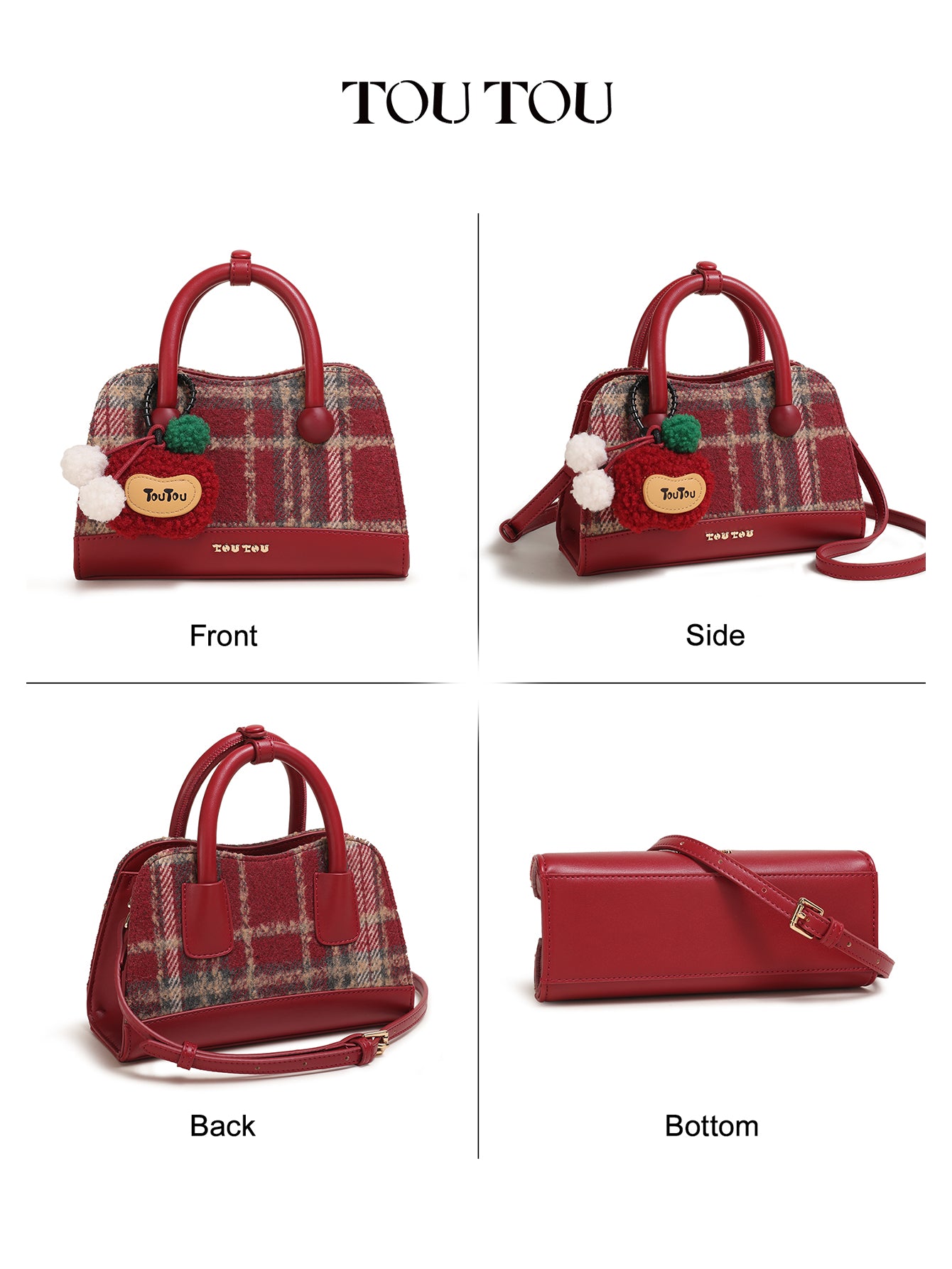 TOUTOU Plaid Mini Handbag - Cute Apple Charm, 2-Way Carry (Handheld & Crossbody), Vintage Checkered Design