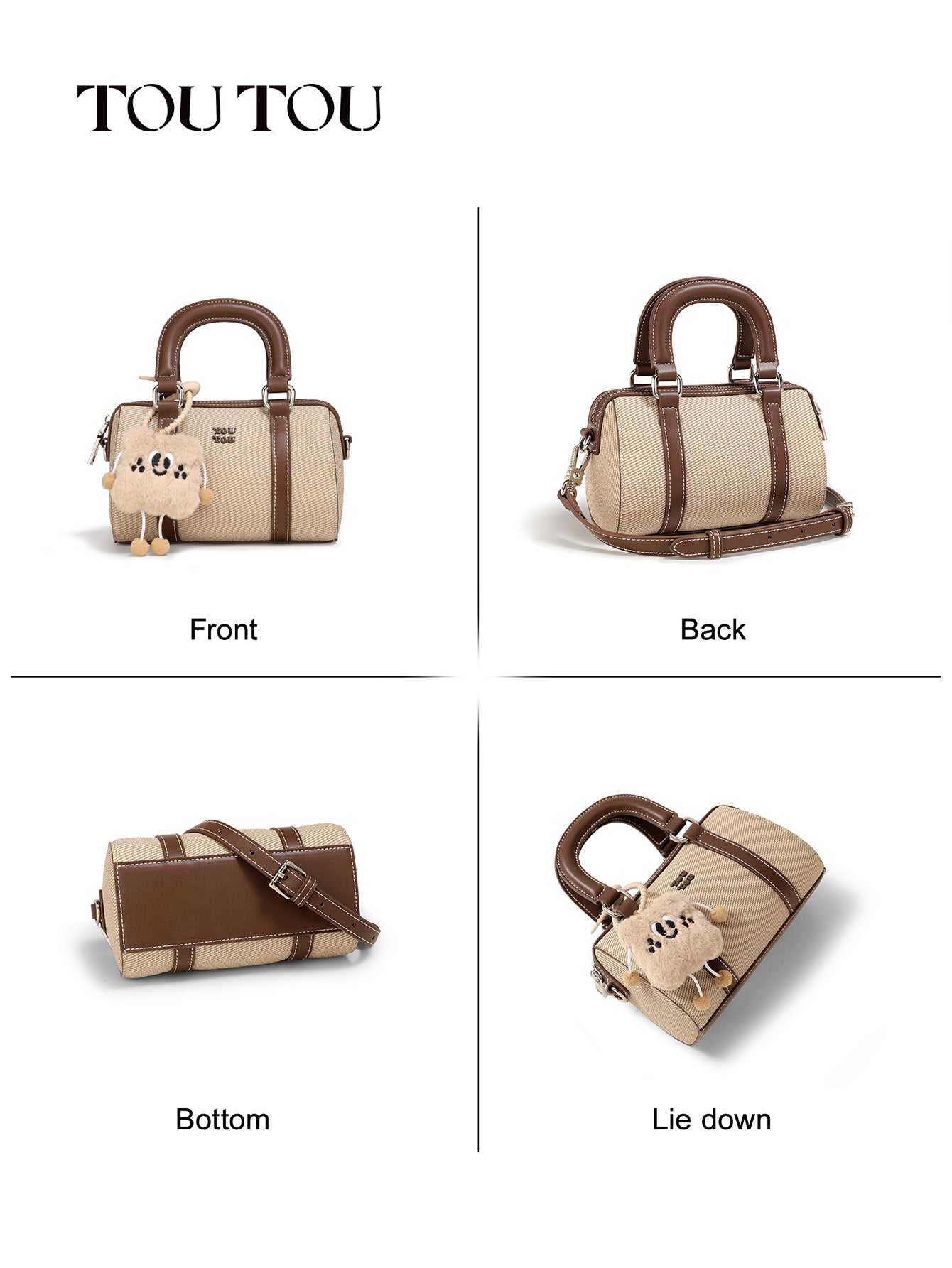 TOUTOU Beige Handbag: Plush Pendant & Retro Vibe