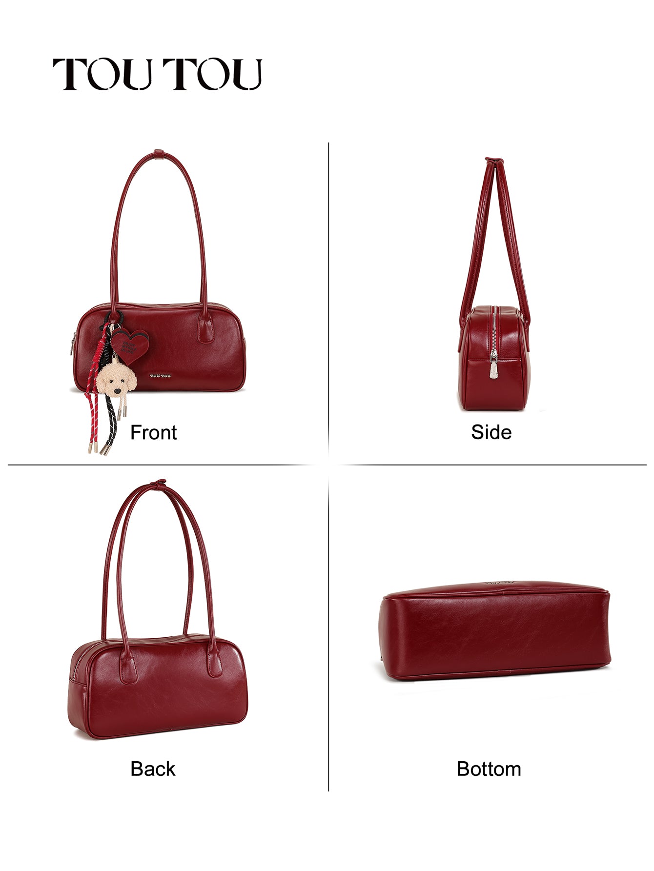 TOUTOU Red Faux Leather Shoulder Bag - Plush Dog & Heart Charm, Retro Barrel Bag