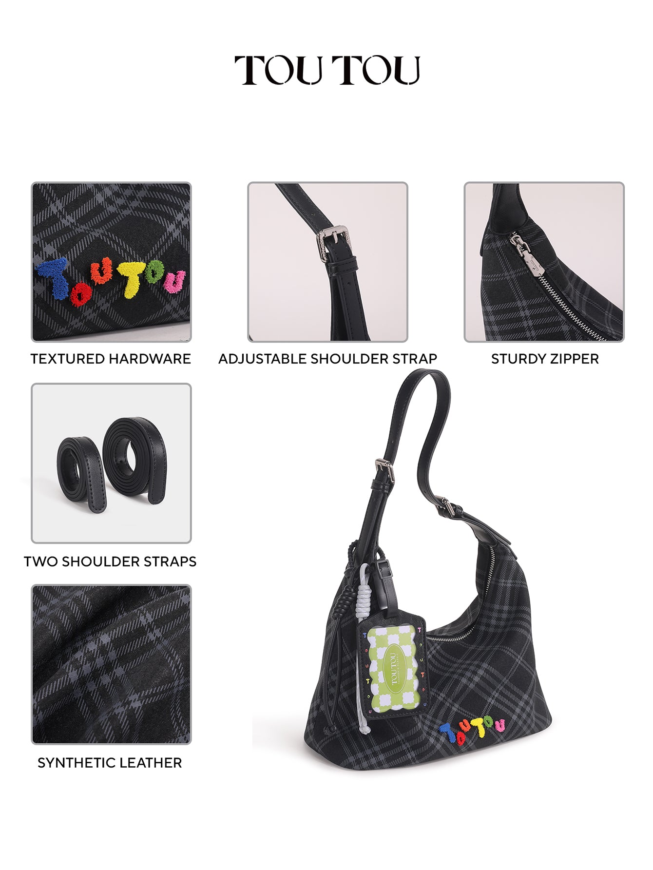 TOUTOU Black Plaid Hobo Bag with Colorful Branding: Trendy & Playful