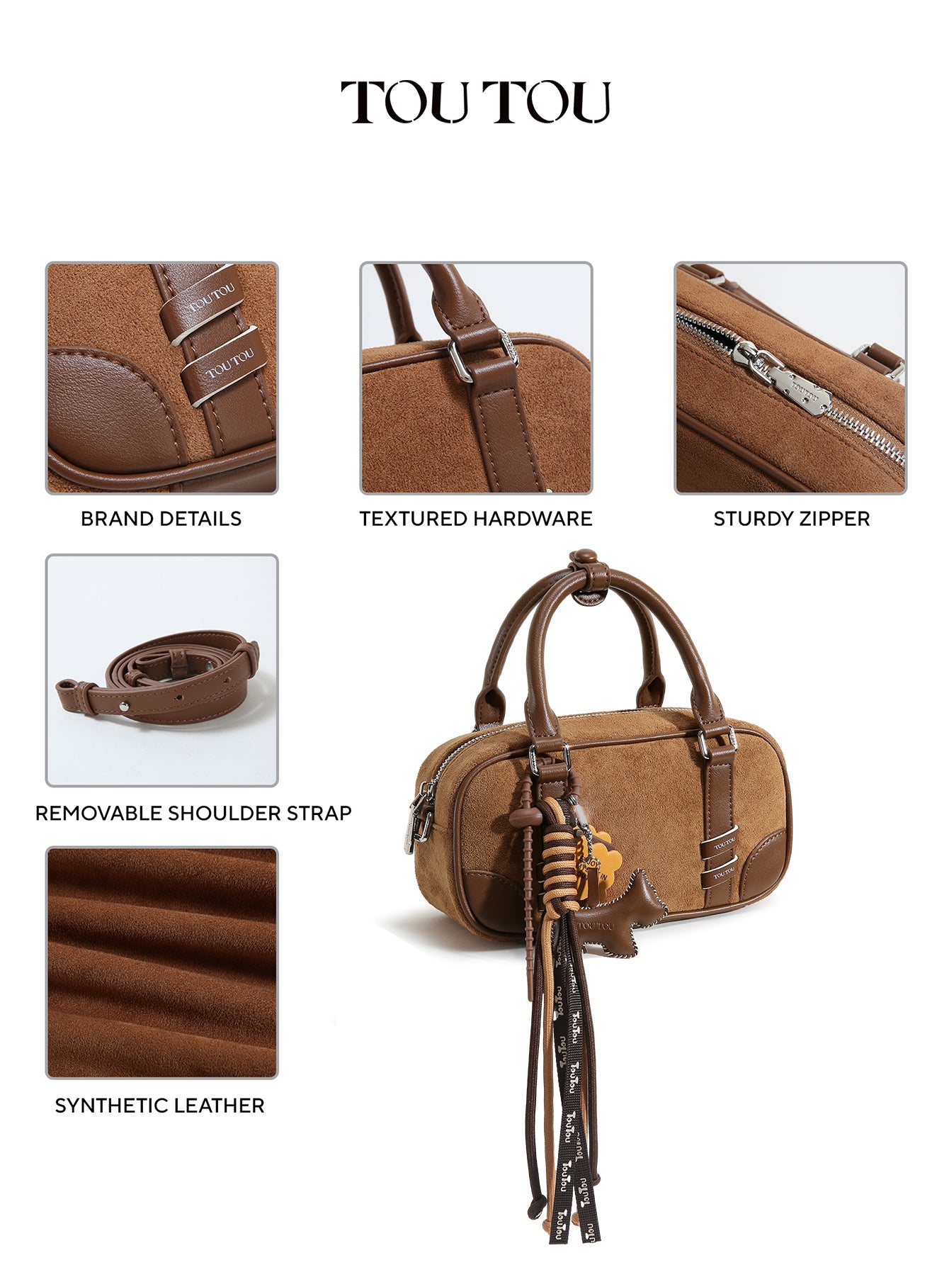 TOUTOU Brown Suede Boston Bag with Cute Pendant: Stylish & Compact