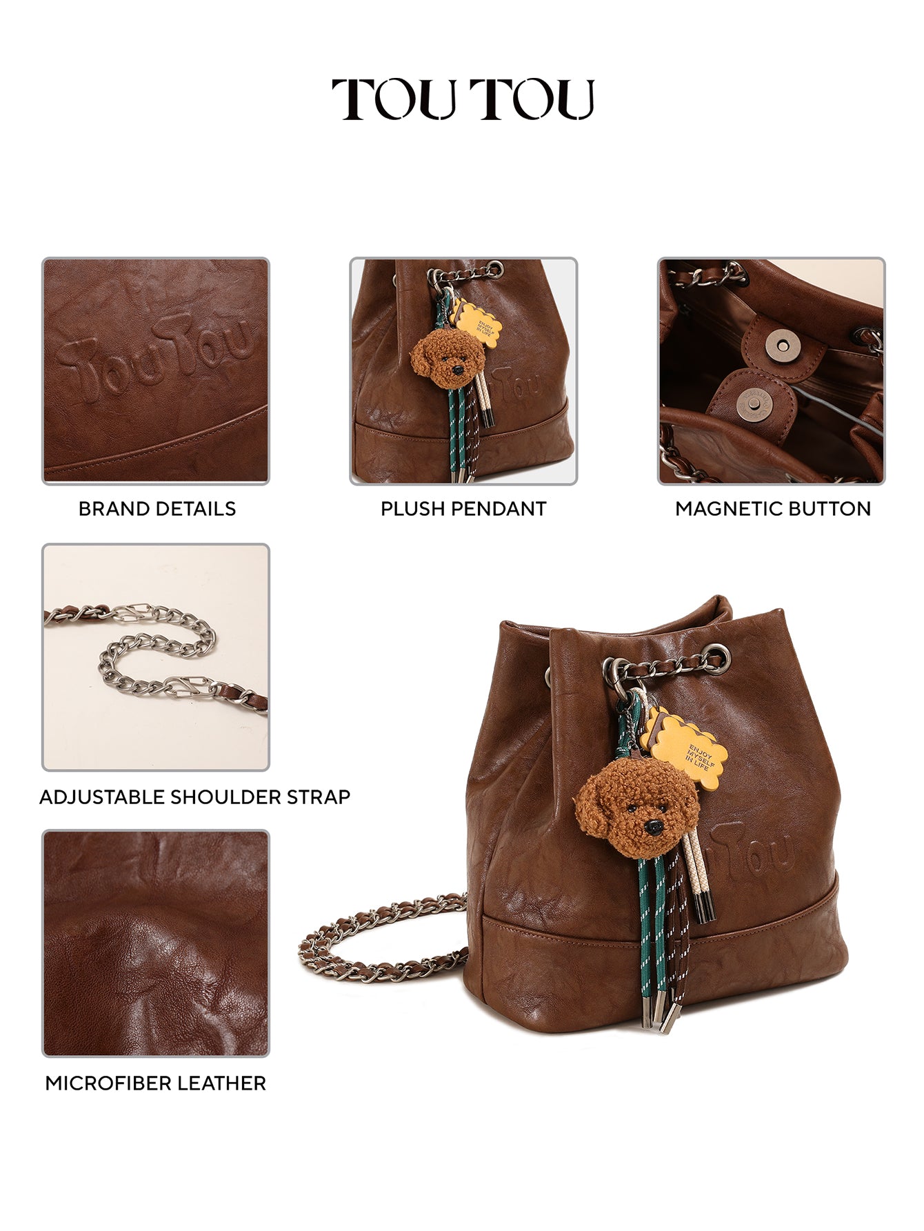 TOUTOU Brown Bucket Bag with Plush Dog Pendant | Adjustable Chain Strap & Microfiber Leather