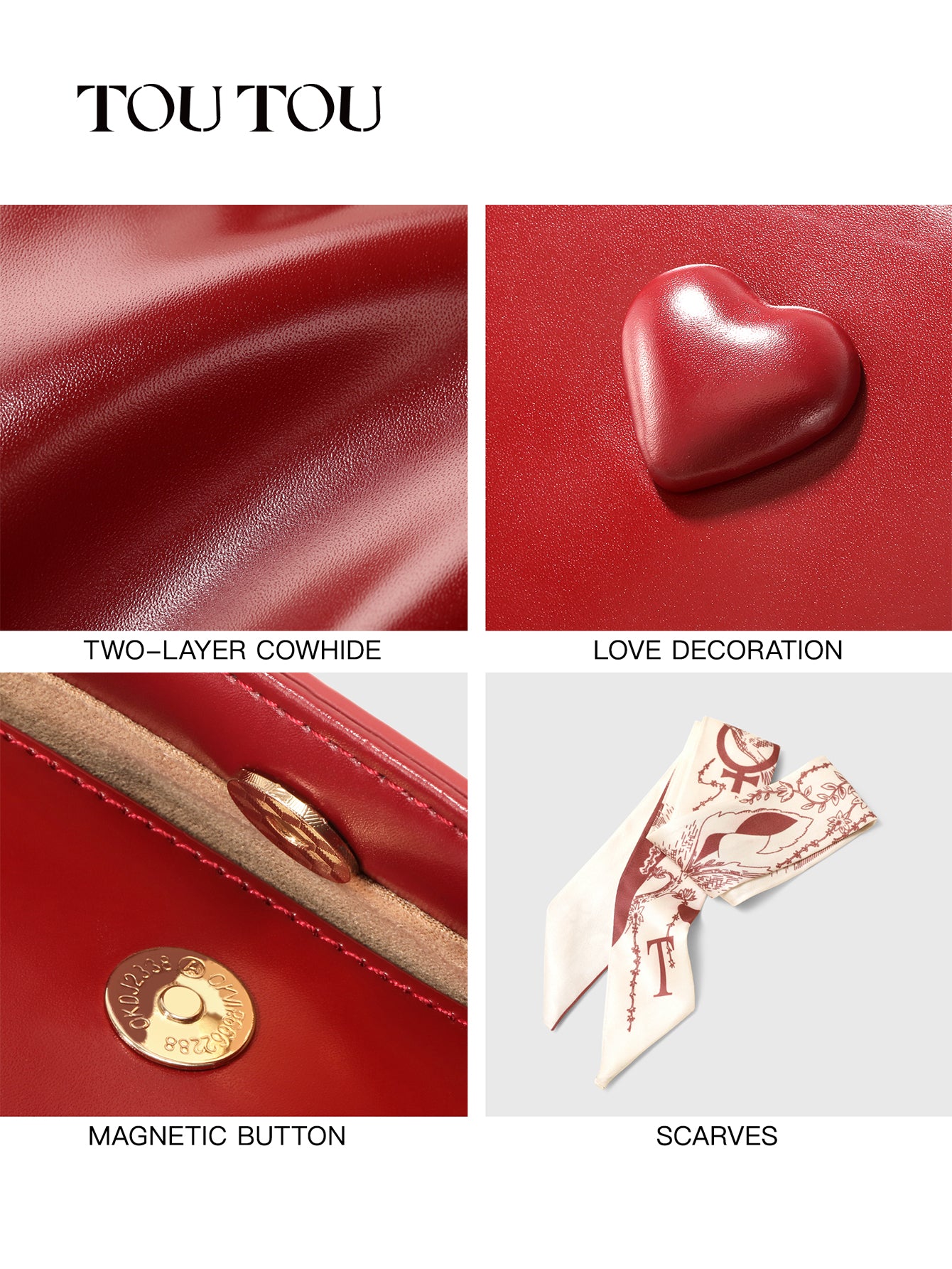TOUTOU Red Heart - Accent Handbag: Elegant Design with Scarf Detail