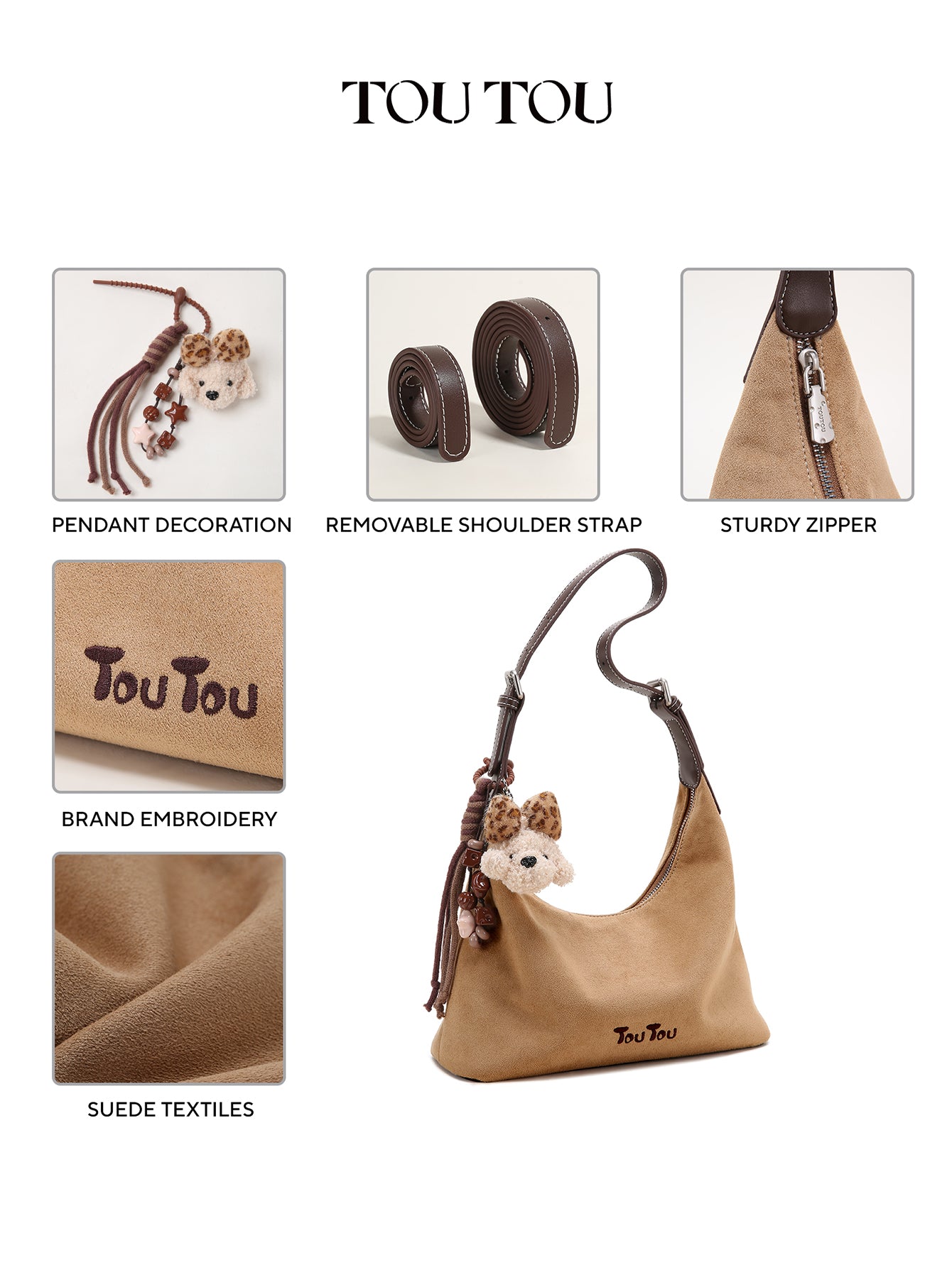 TOUTOU Leopard Print Hobo Bag for Women with Plush Puppy Pendant | Adjustable Strap & Synthetic Leather