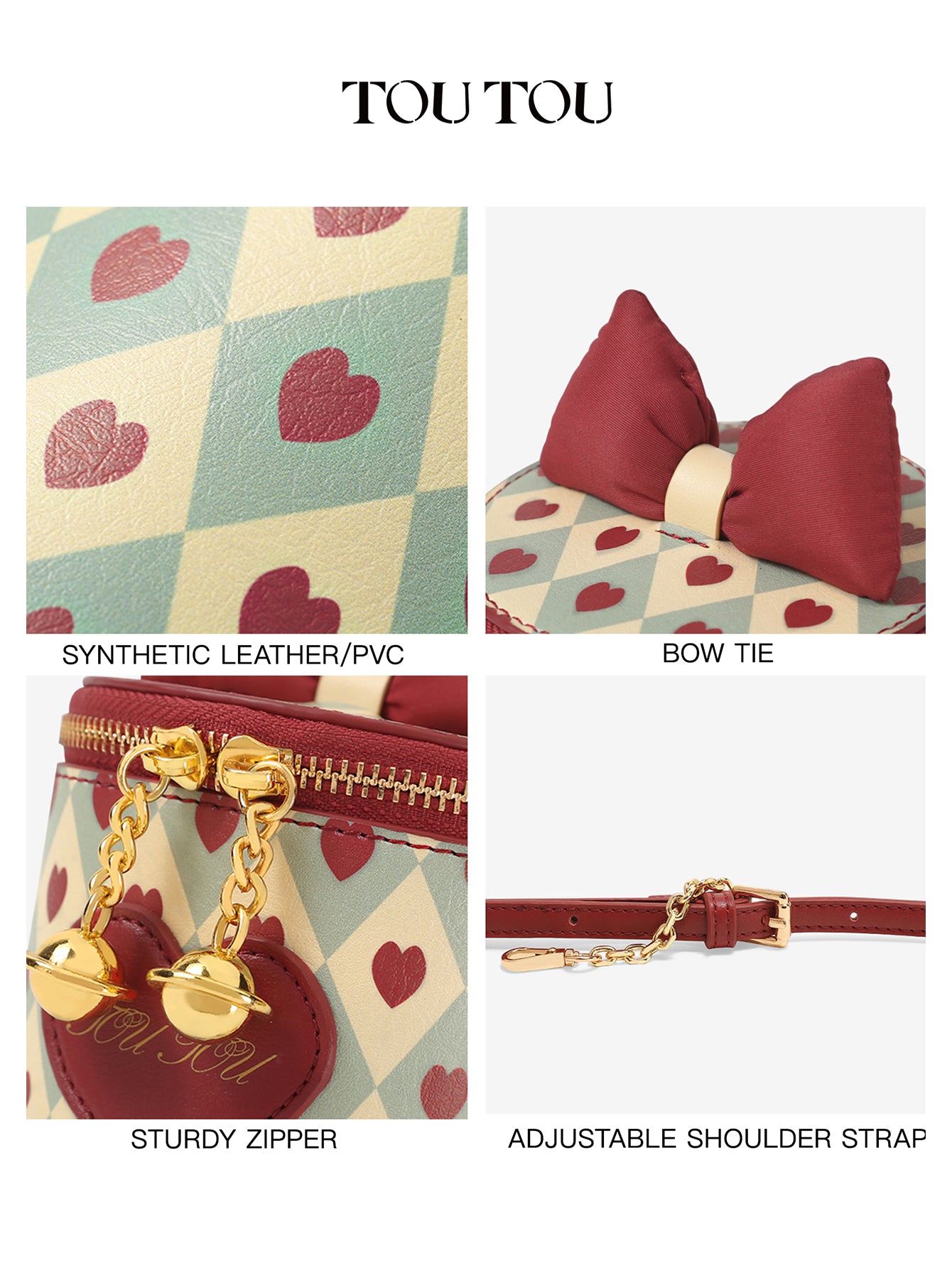 TOUTOU Heart Print Cylinder Crossbody Bag - Cute Bow Decor Mini Shoulder Bag with Chain Strap