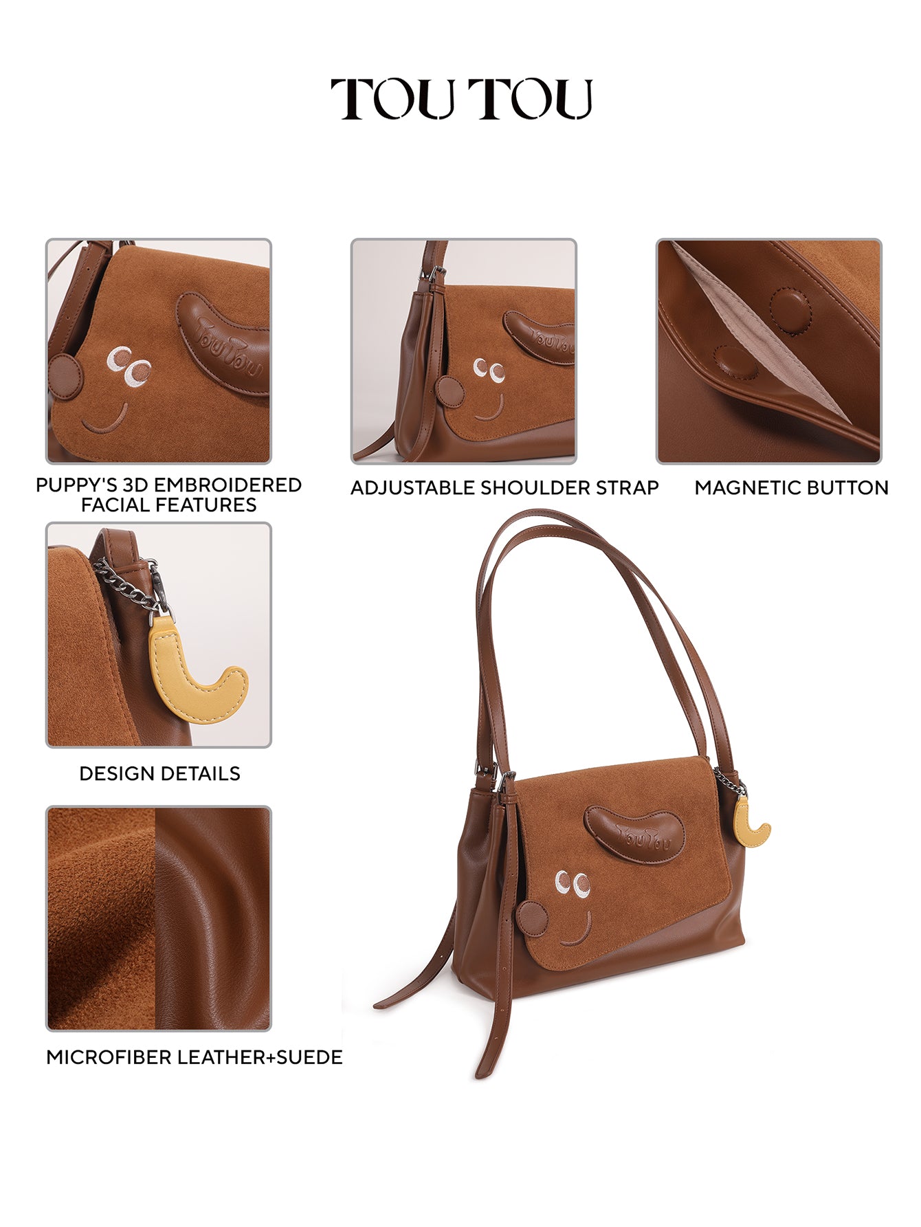TOUTOU Cute Puppy Crossbody Bag for Women - Adjustable Strap, Microfiber Leather & Suede Shoulder Bag