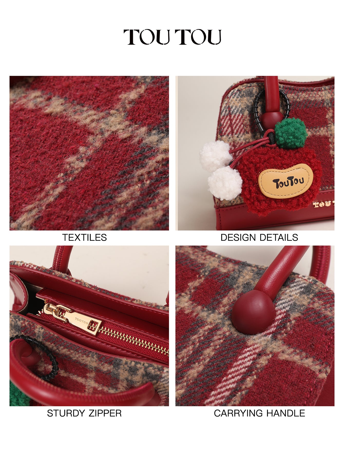 TOUTOU Plaid Mini Handbag - Cute Apple Charm, 2-Way Carry (Handheld & Crossbody), Vintage Checkered Design