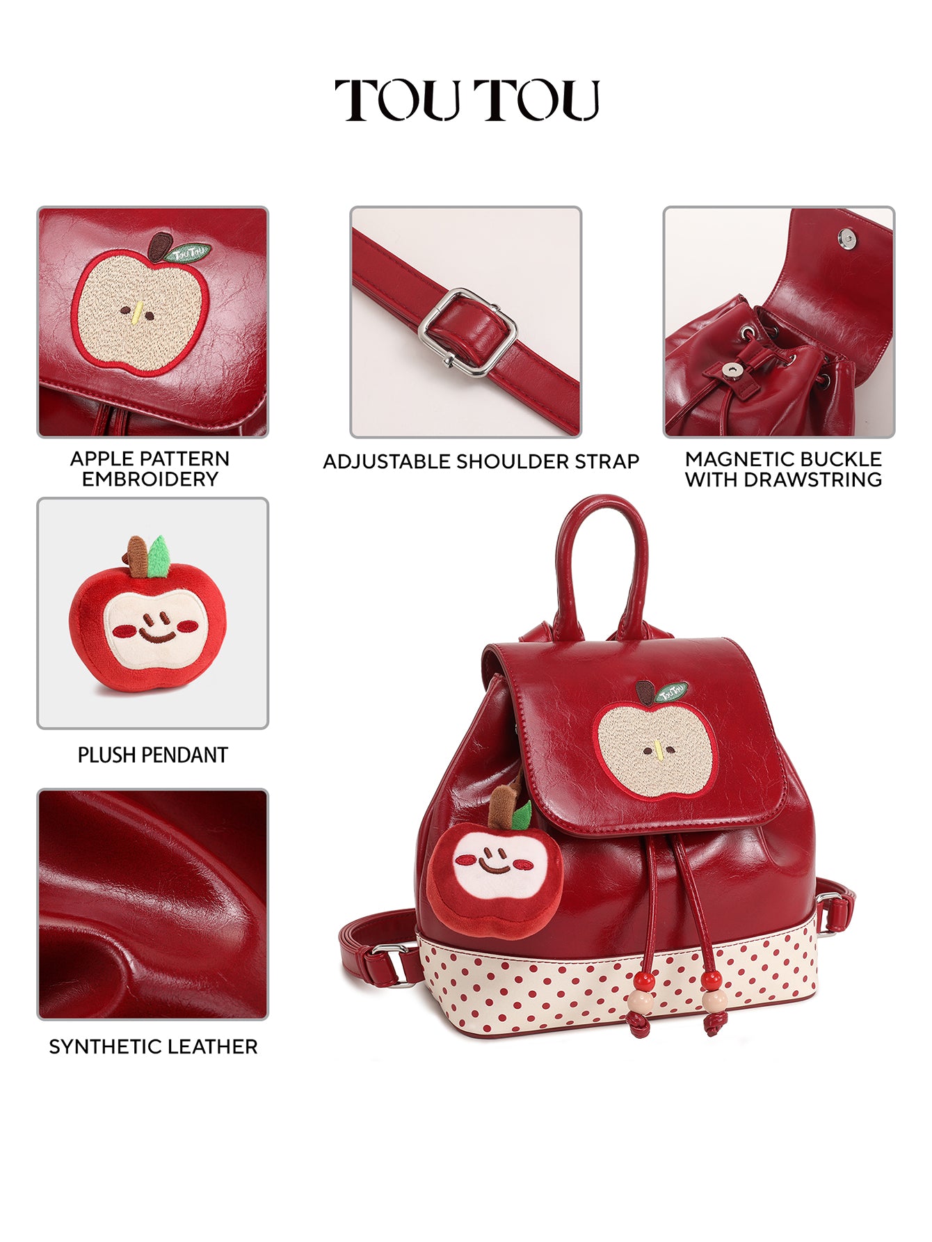 TOUTOU Cute Apple Embroidered Mini Backpack - Red Synthetic Leather Bag with Plush Pendant