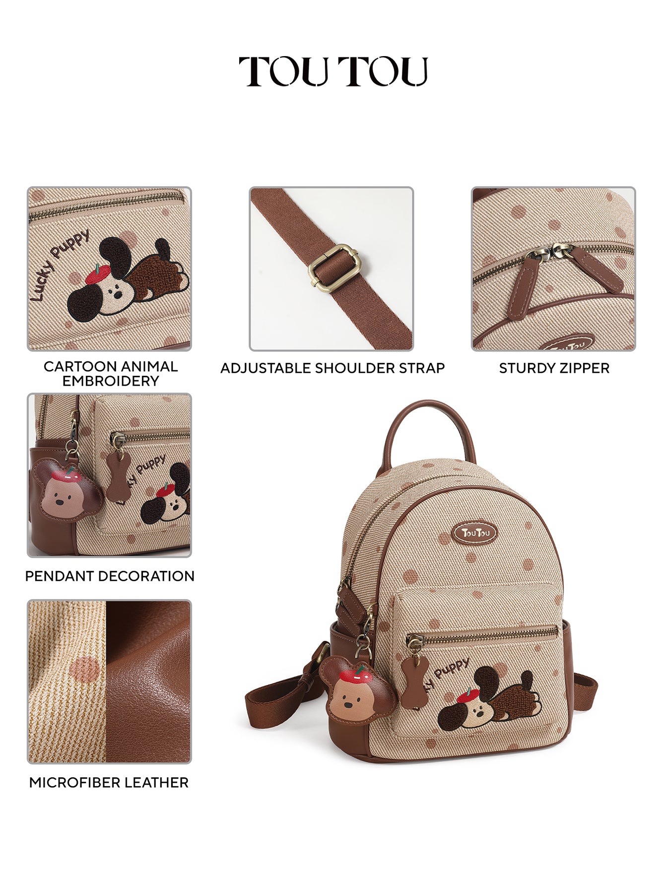 TOUTOU Cartoon Puppy Mini Backpack for Women - Polka Dot Design with Adjustable Strap & Multiple Pockets