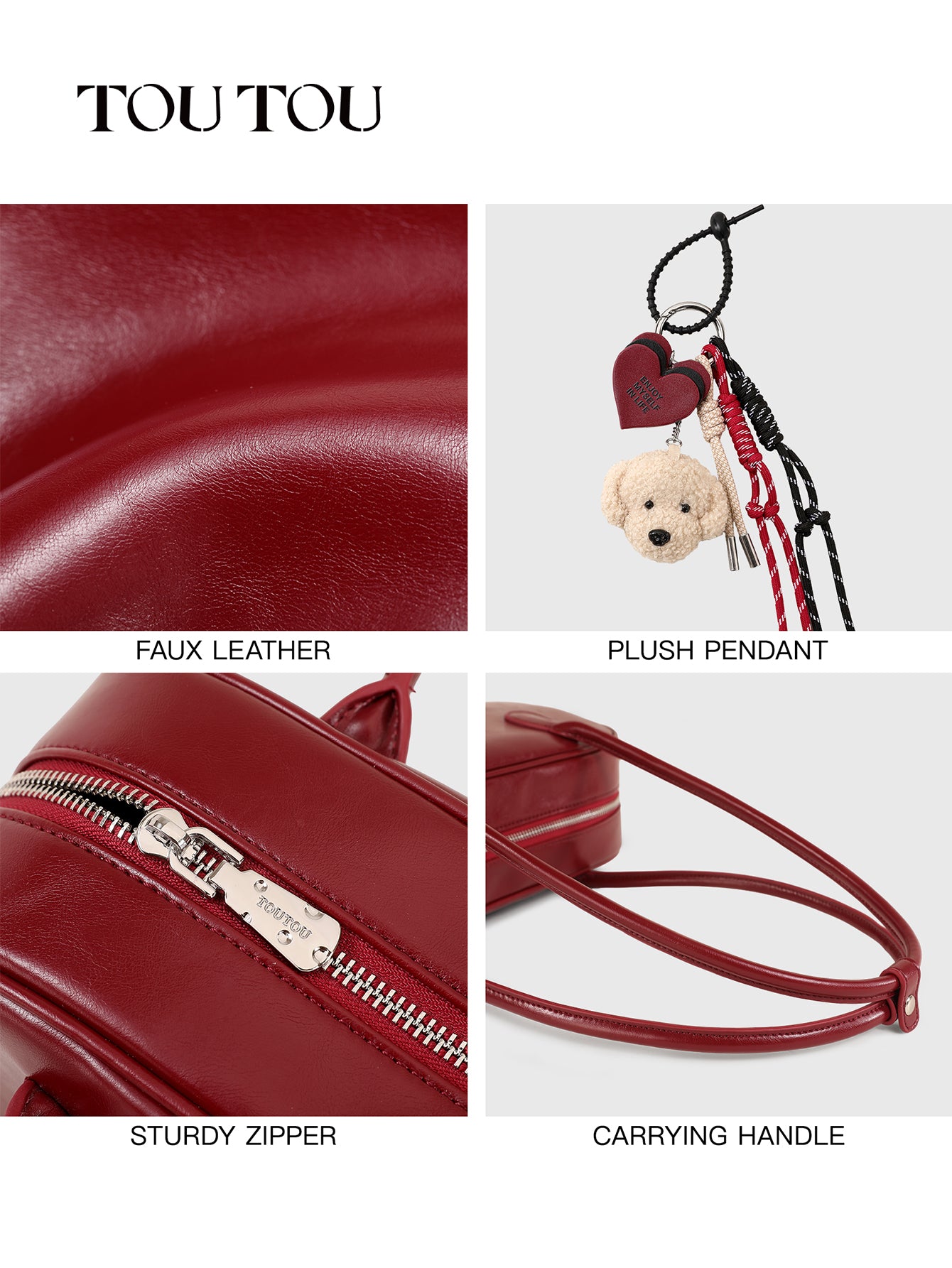 TOUTOU Red Faux Leather Shoulder Bag - Plush Dog & Heart Charm, Retro Barrel Bag