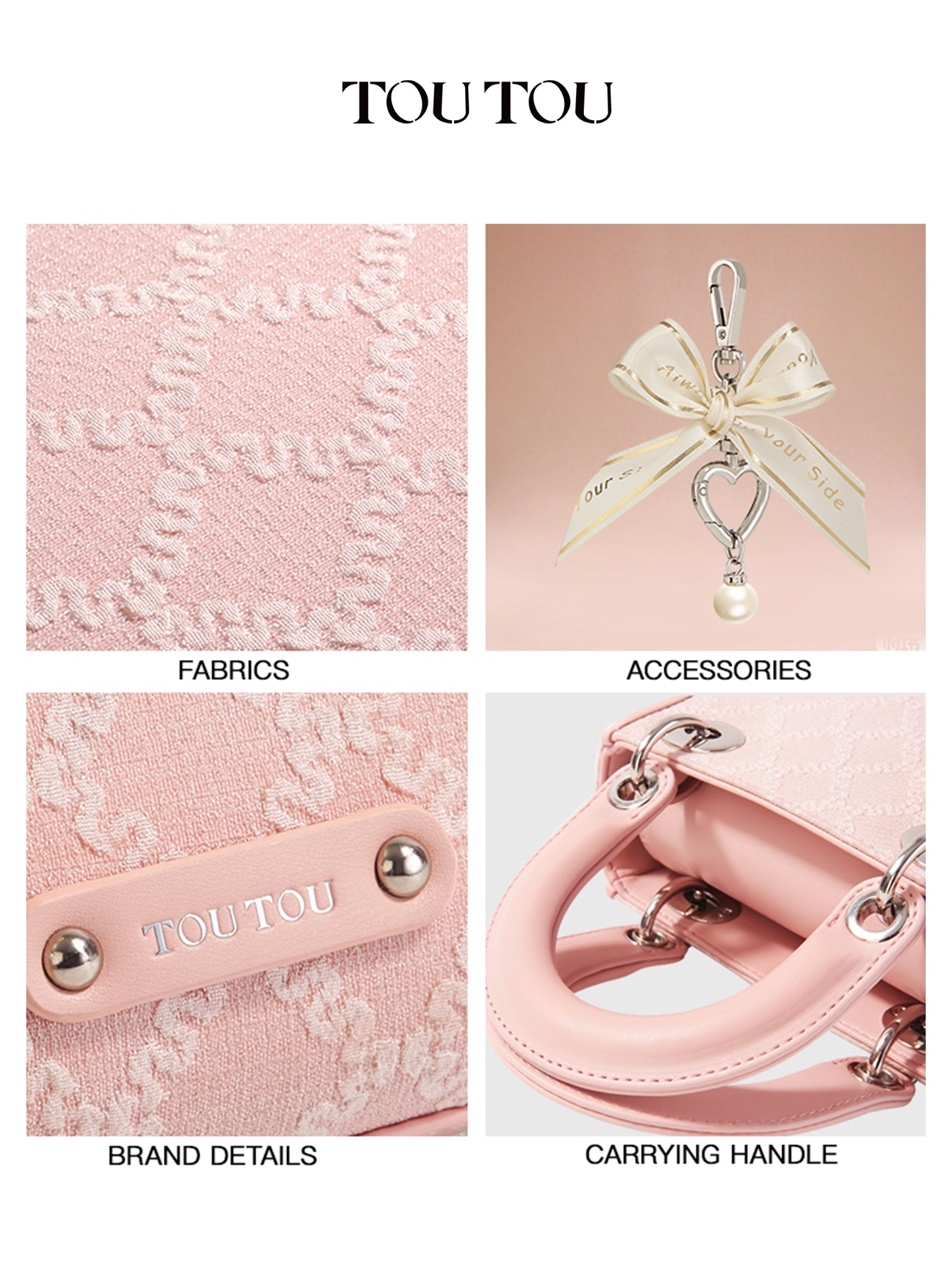 TOUTOU Embroidered Mini Handbag Bag: Bow & Pearl Charm, 3 - Color Options