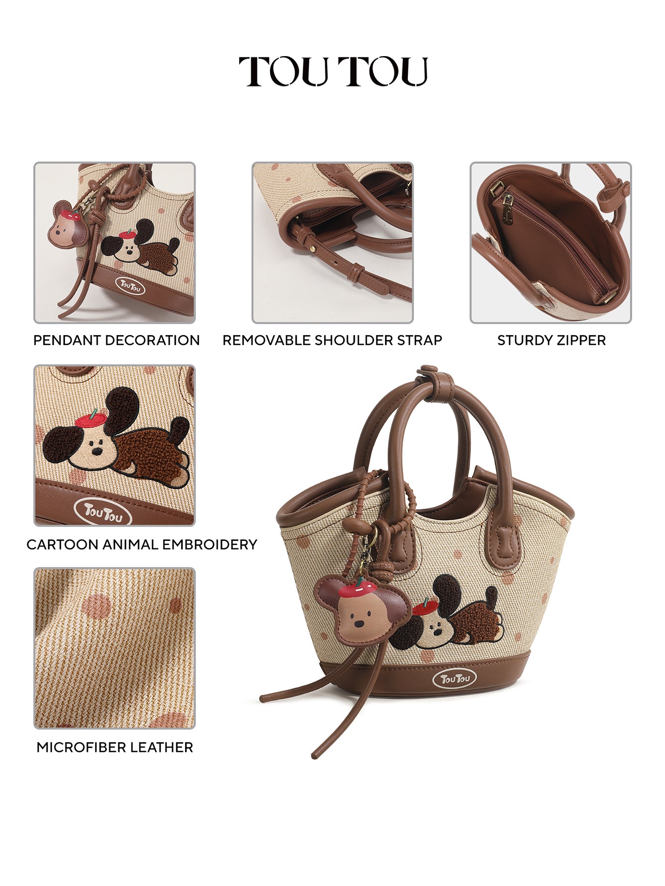 TOUTOU Cartoon Dog Embroidered Tote Bag - Mother-Daughter Set with Removable Strap & Cosmetic Pouch