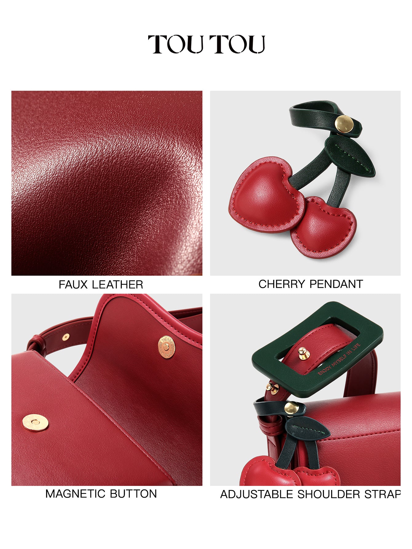 TOUTOU Red Saddle Bag: Cherry Accents & Adjustable Strap