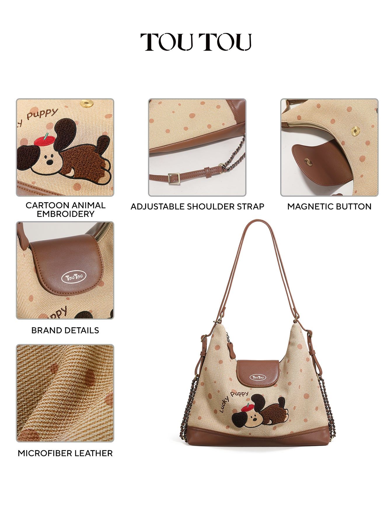 TOUTOU Cute Cartoon Puppy Embroidered Hobo Bag - Microfiber Leather Shoulder Bag with Adjustable Strap 41174
