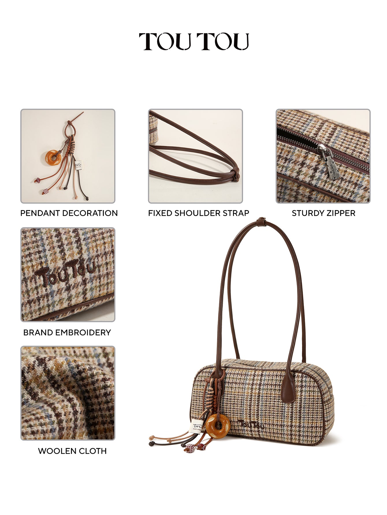 TOUTOU Plaid Woolen Shoulder Bag - Retro Style Top-Handle Bag with Donut Pendant