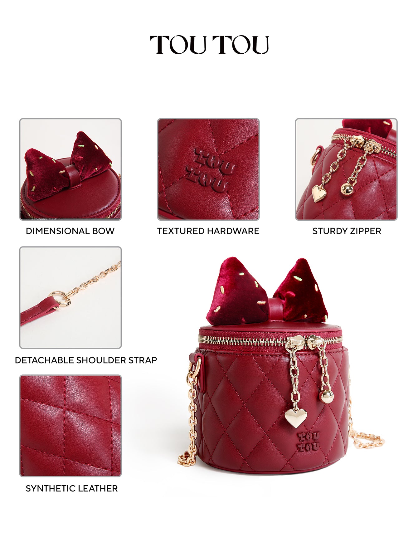 TOUTOU Red Quilted Bucket Bag with Bow & Chain: Sweet & Chic