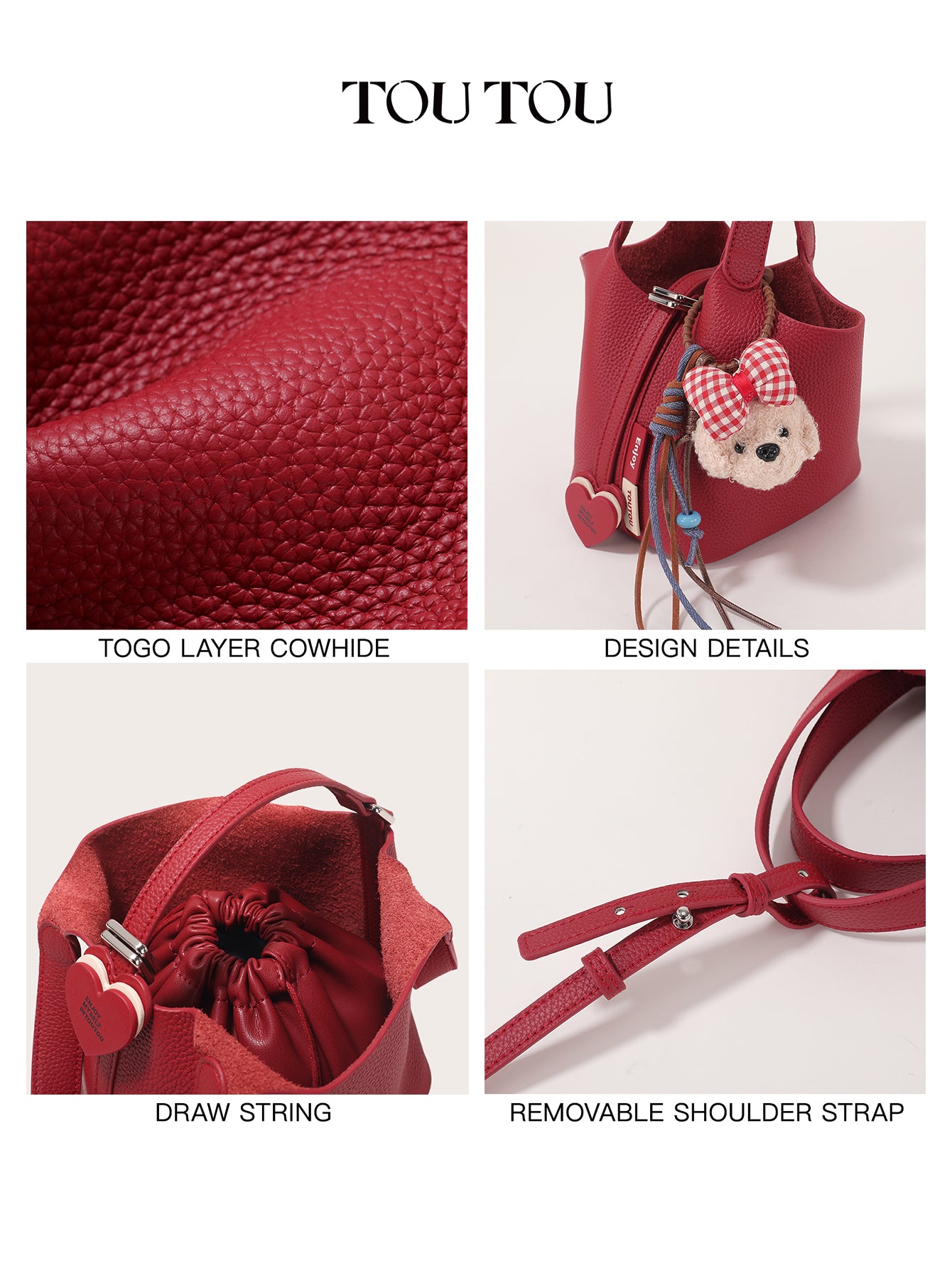 TOUTOU Red Cowhide Bucket Bag: Cute Teddy Charm & Versatile Style
