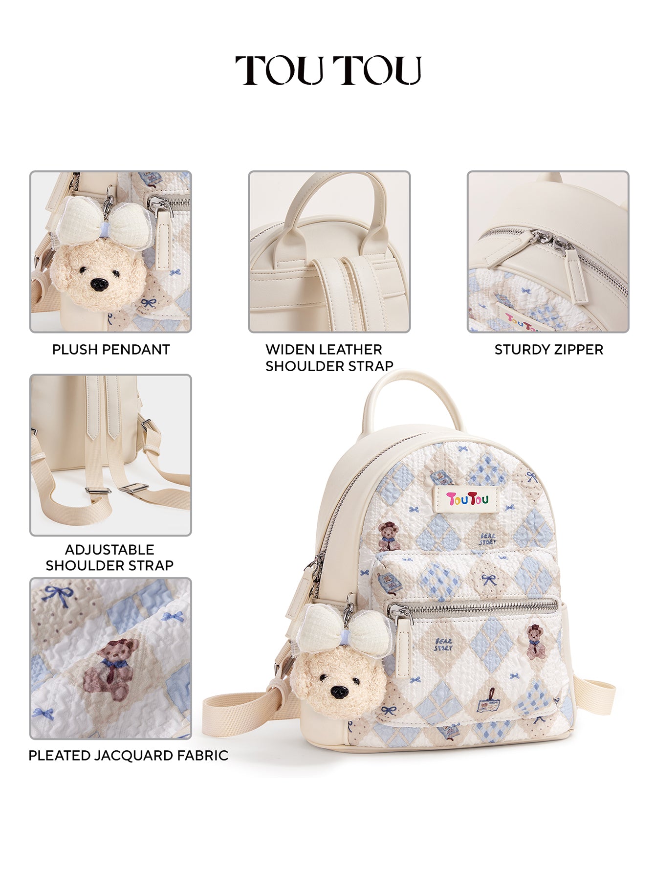 TOUTOU Plush - Pendant Quilted Backpack: Cute & Compact