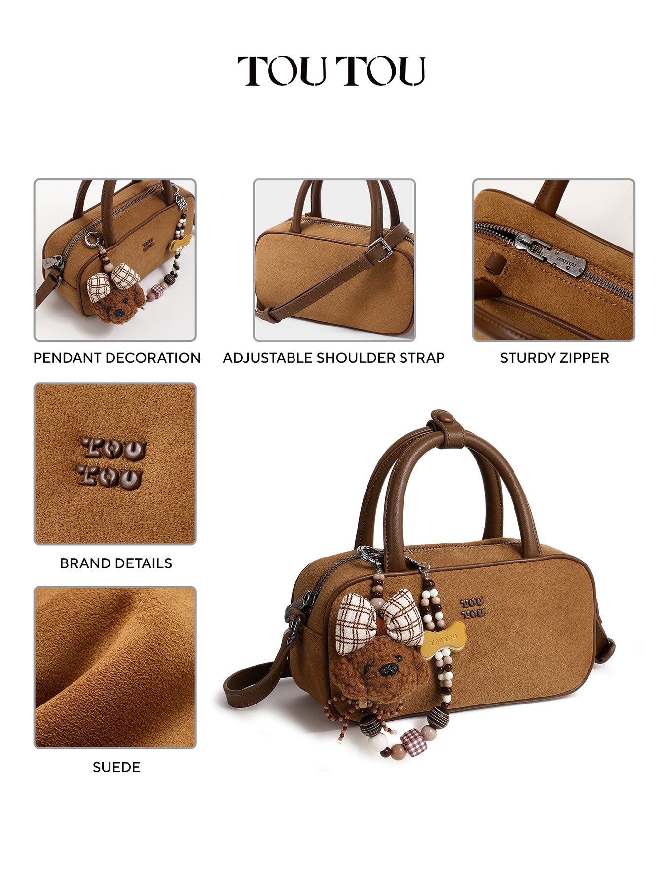 TOUTOU Cute Puppy Charm Crossbody Bag - Available in Smooth Leather or Soft Suede with Beaded Chain