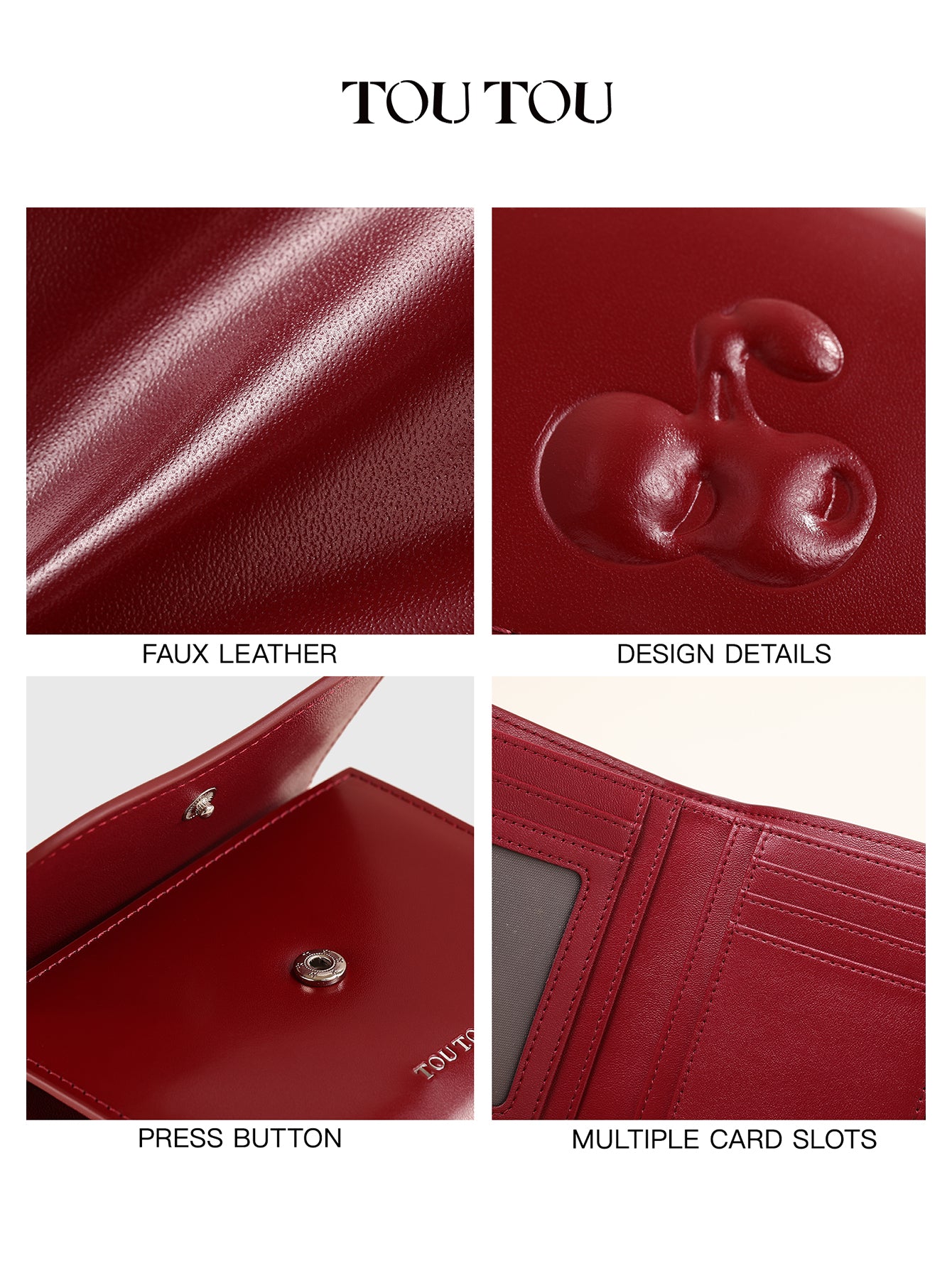 TOUTOU Cherry - Embossed Red Wallet: Chic & Compact Card Holder