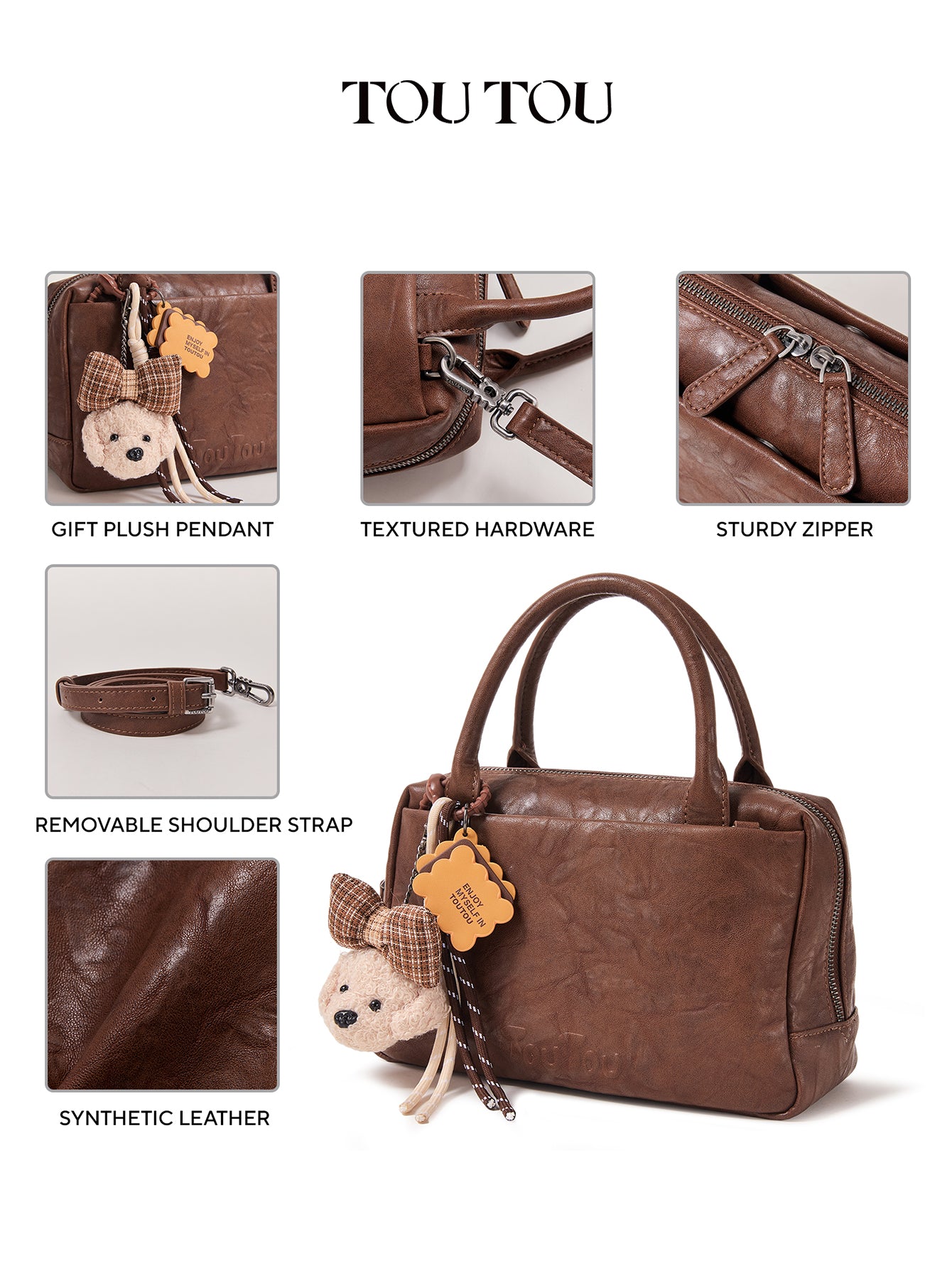 TOUTOU Brown Bowling Handbag: Cute Dog Charm & Multi - Pocket Design