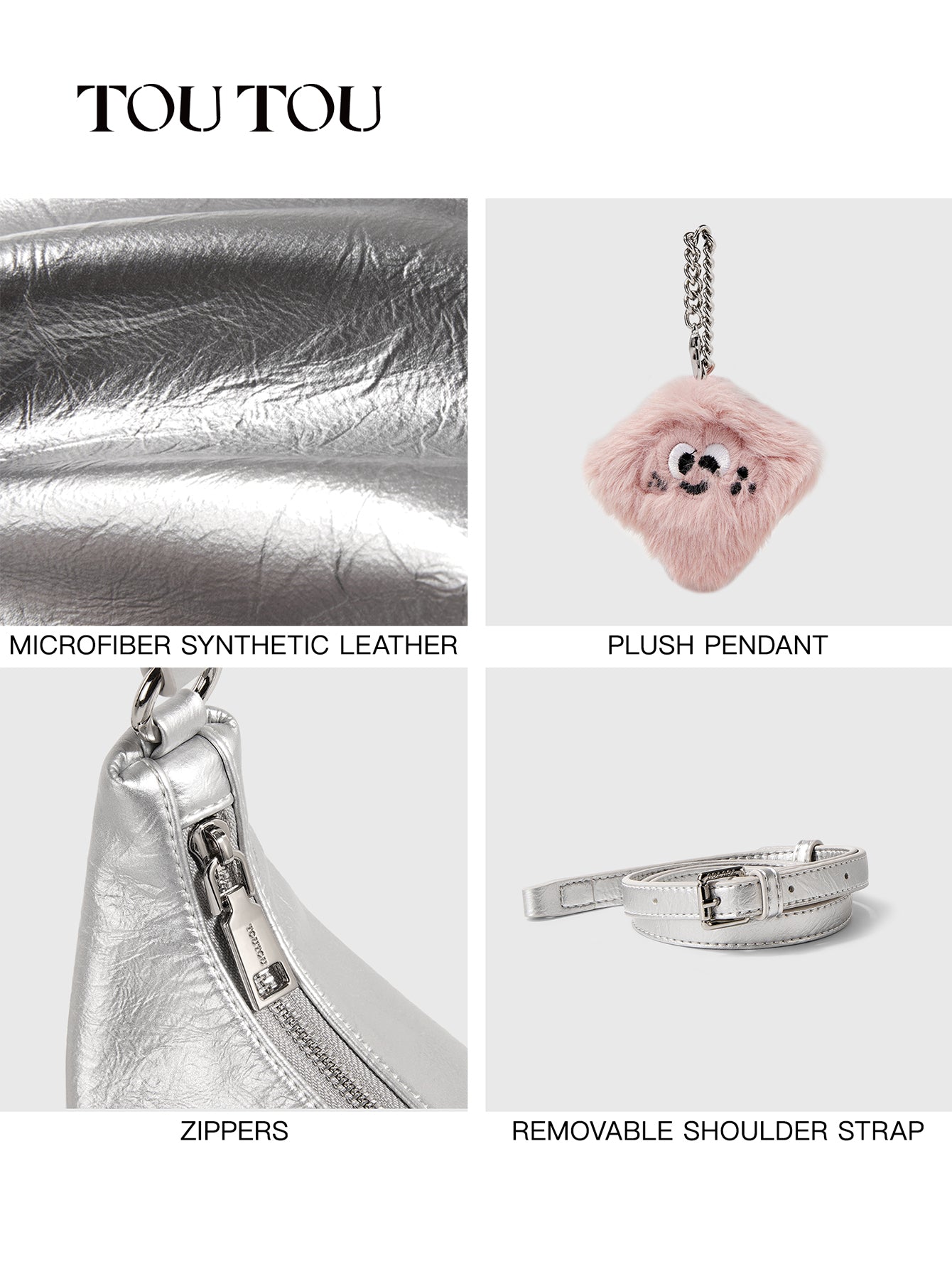 TOUTOU Metallic Hobo Bag with Plush Pendant: Shiny & Cute