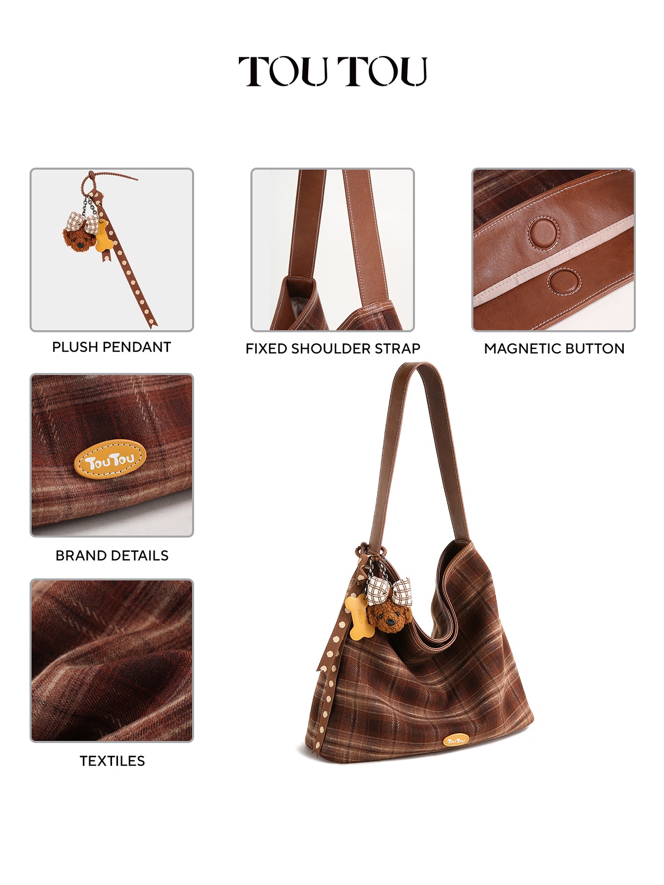 TOUTOU Plaid Hobo Bag for Women - Plush Teddy Pendant, Large Capacity Tote Fits 13" Laptop