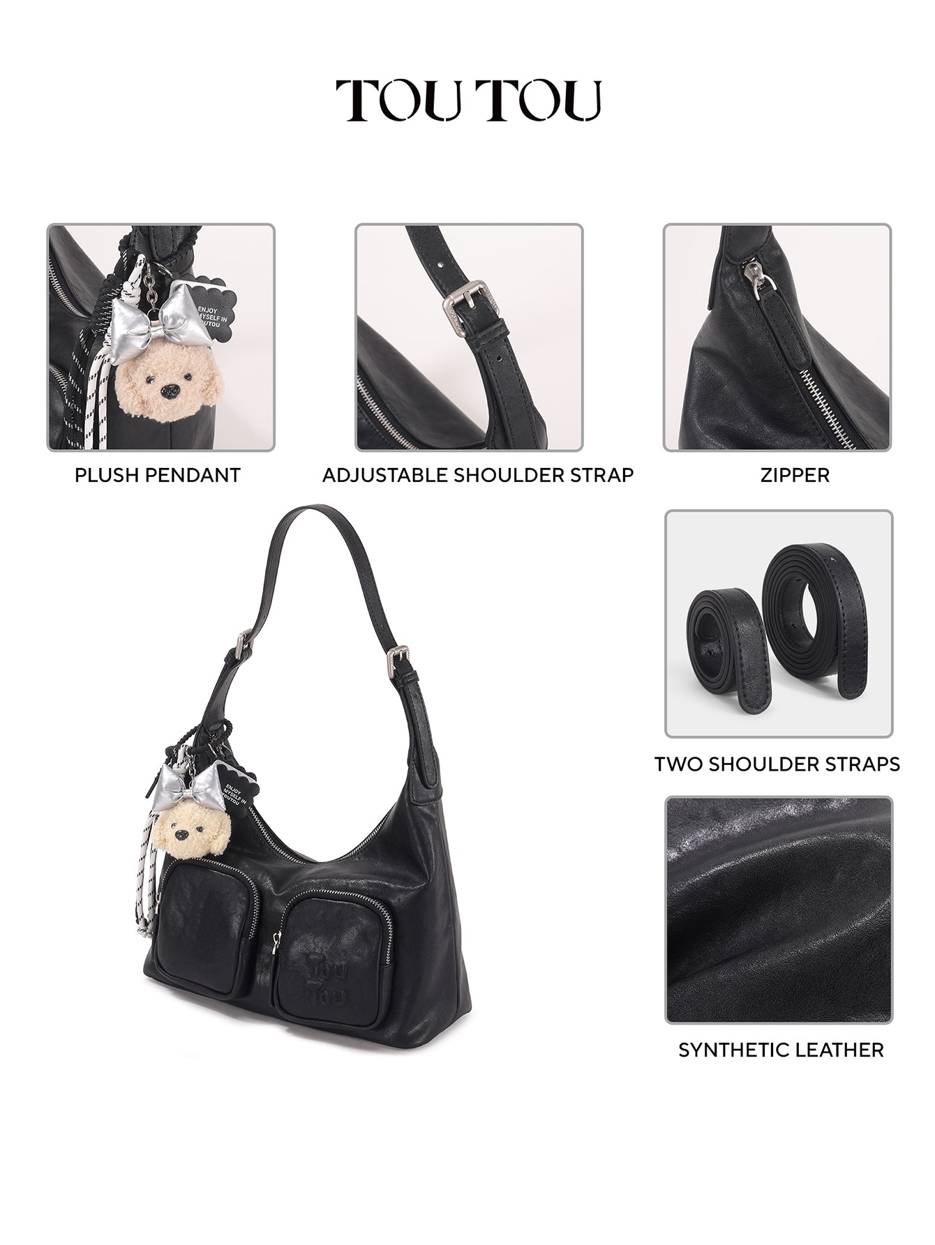 TOUTOU Black Hobo Bag with Plush Bear Pendant: Edgy & Cute