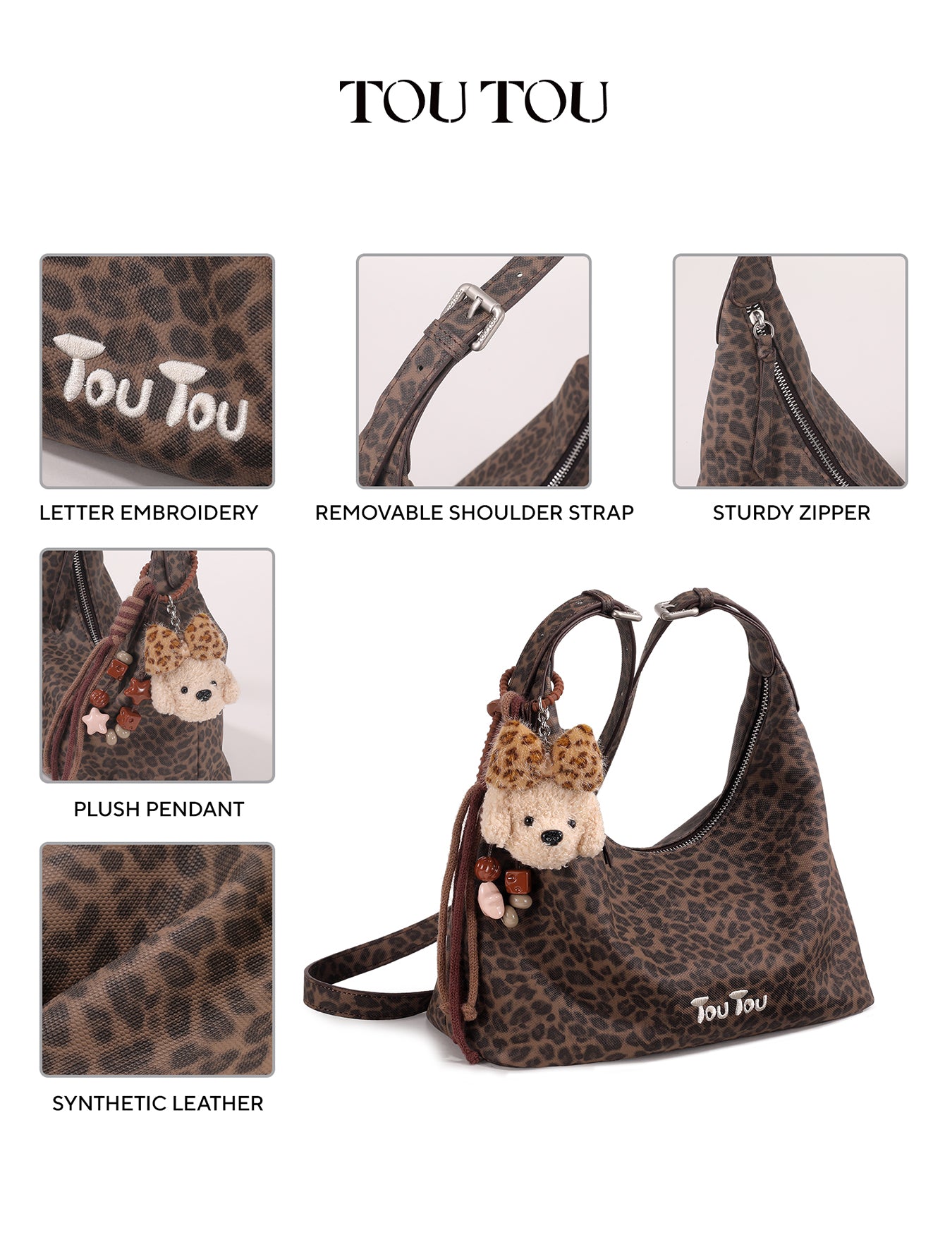 TOUTOU Leopard Print Hobo Bag for Women with Plush Puppy Pendant | Adjustable Strap & Synthetic Leather