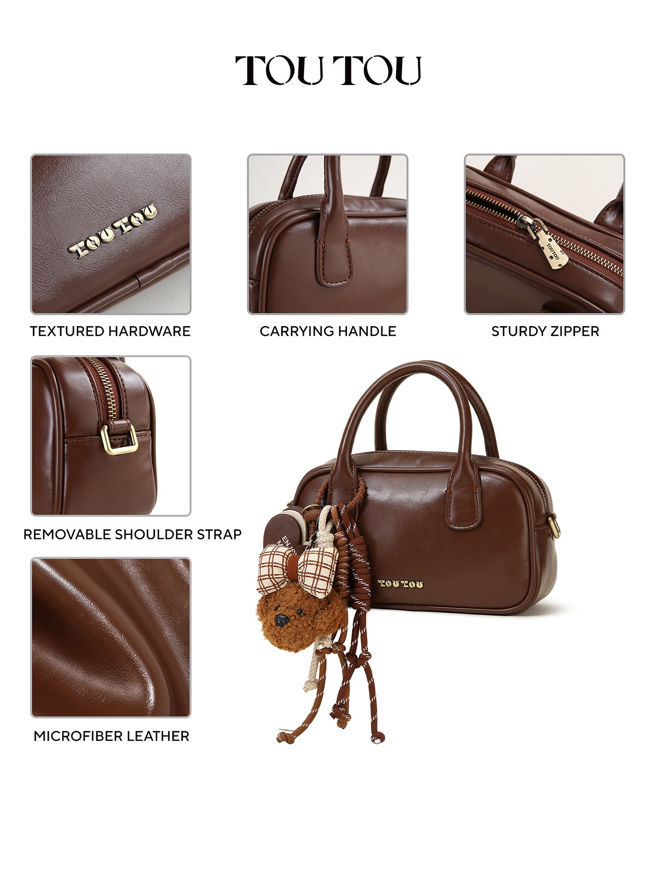 TOUTOU Cute Plush Bear Pendant Handbag - Microfiber Leather Crossbody Bag with Multiple Pockets