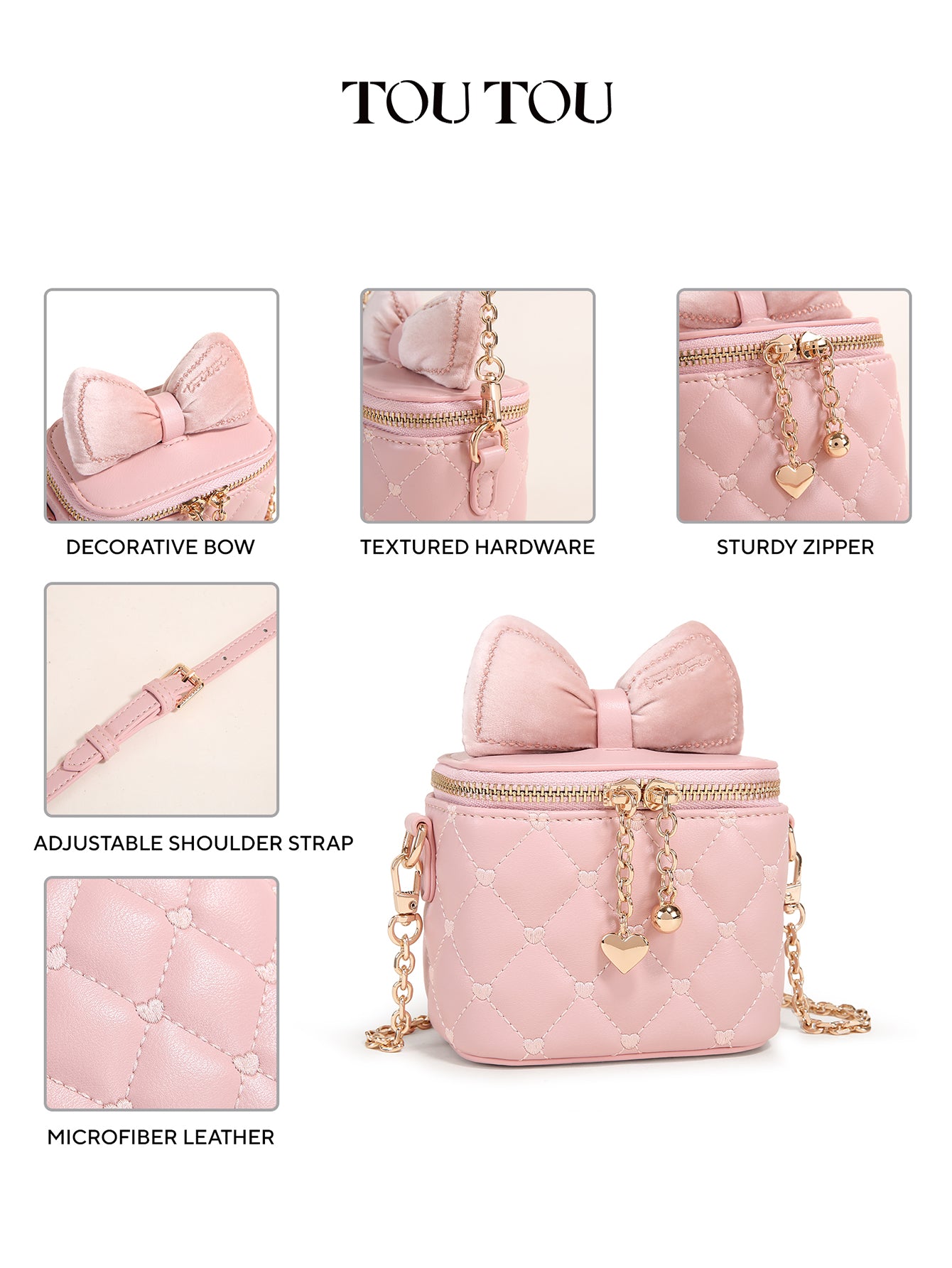 TOUTOU Cute Pink Mini Crossbody Bag with Velvet Bow - Quilted Heart Pattern Purse for Women
