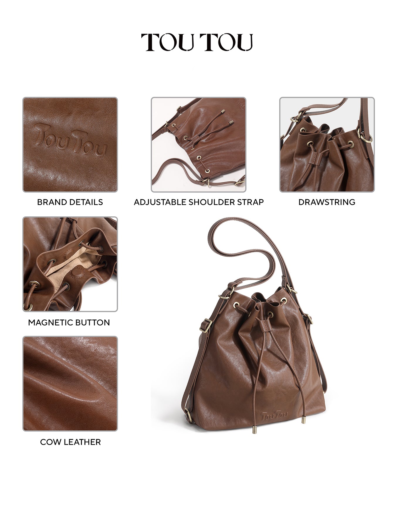 TOUTOU Cowhide Bucket Bag for Women - Drawstring Closure, Adjustable Strap Leather Shoulder Handbag